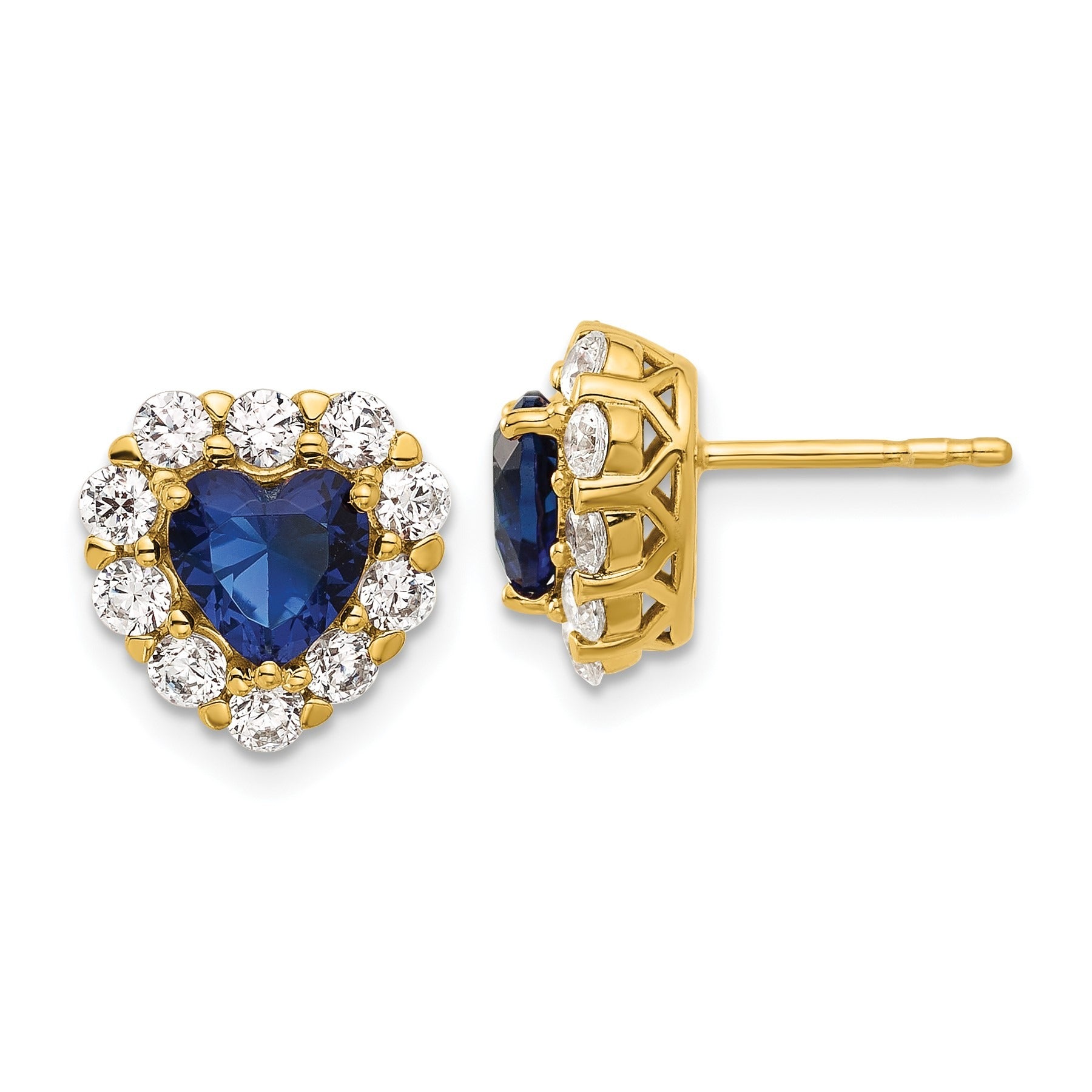 14K Yellow Gold Lab Grown Diamond and Sapphire Halo Heart Stud Earrings