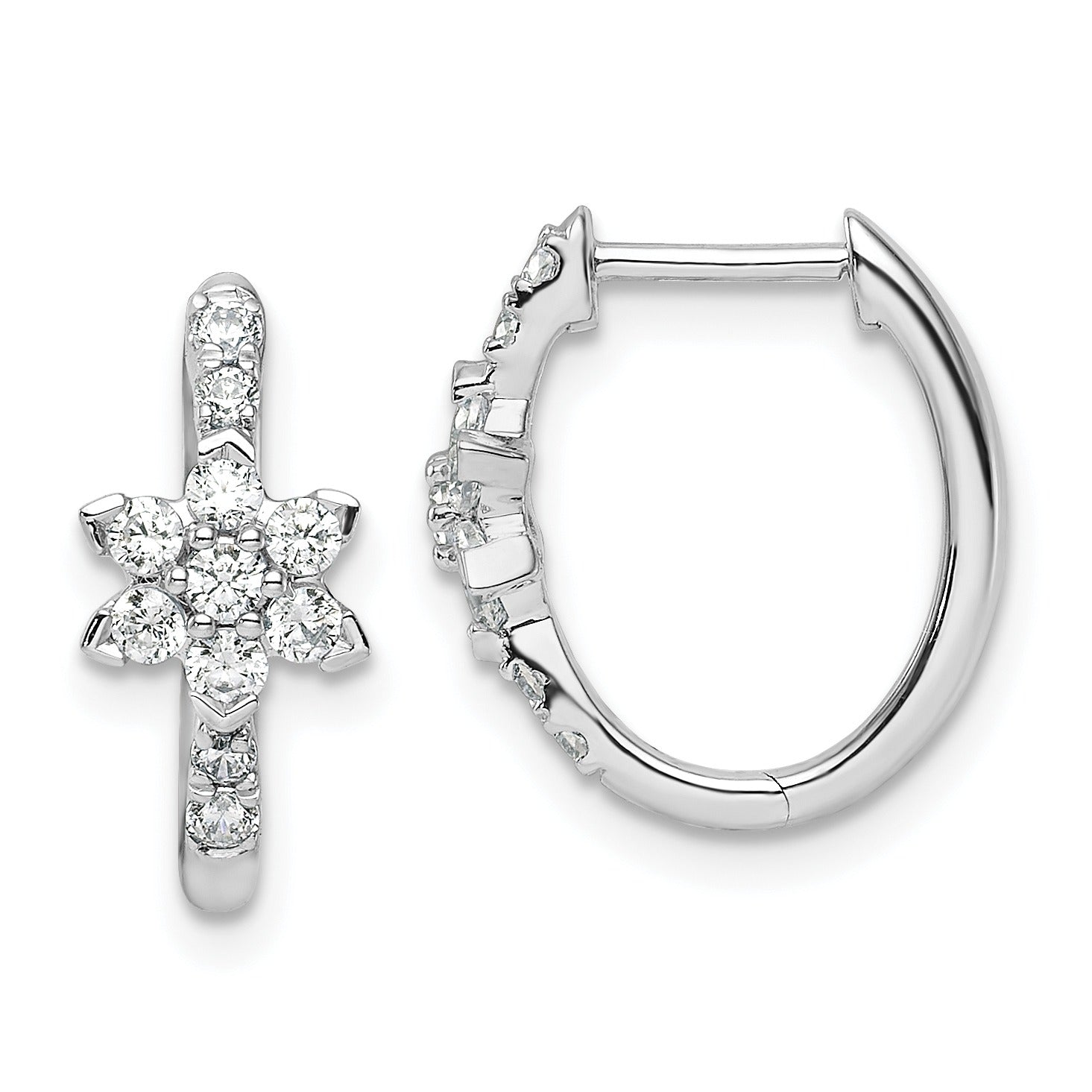 14K White Gold Lab Grown Diamond Flower Hinged Hoop Earrings