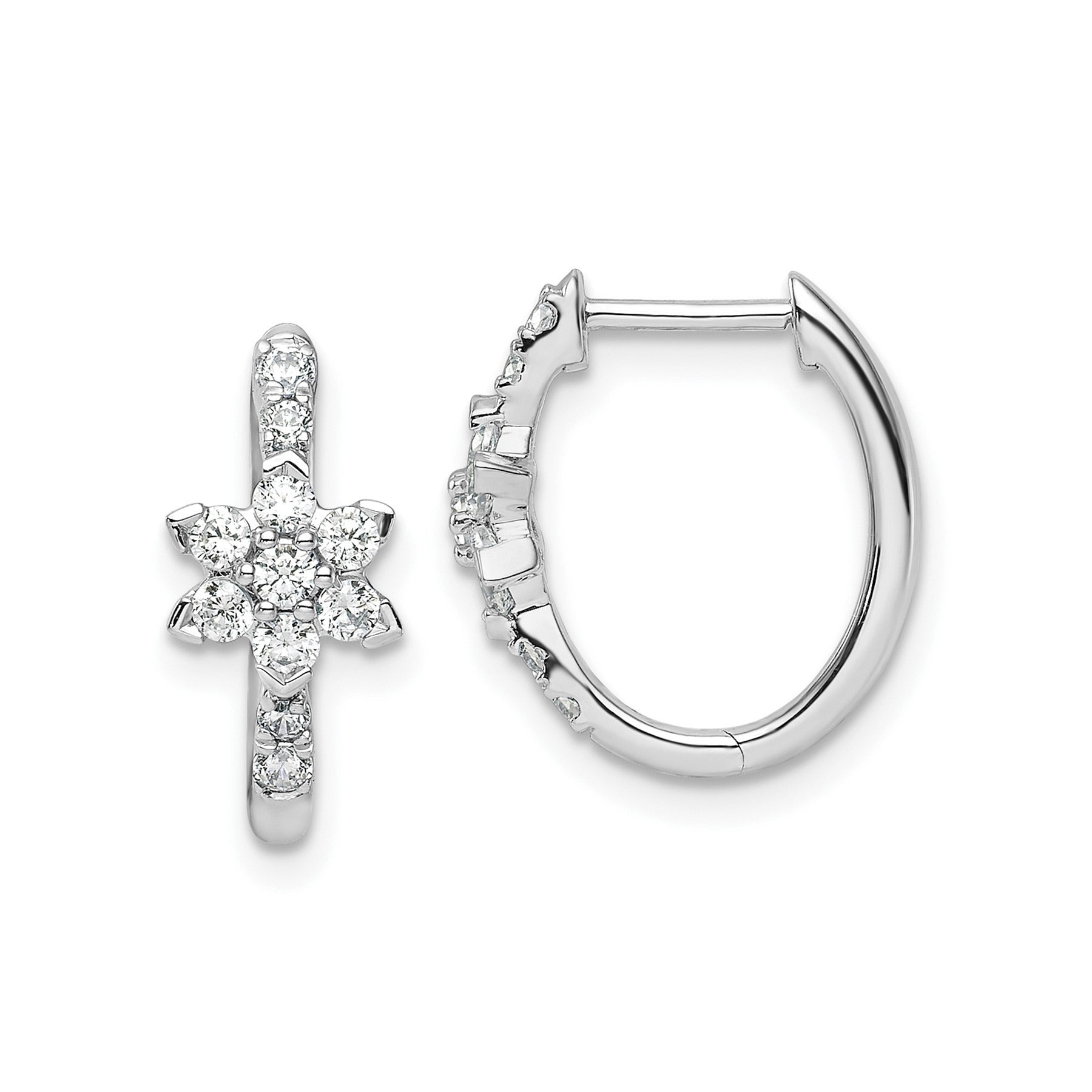 14K White Gold Lab Grown Diamond Flower Hinged Hoop Earrings