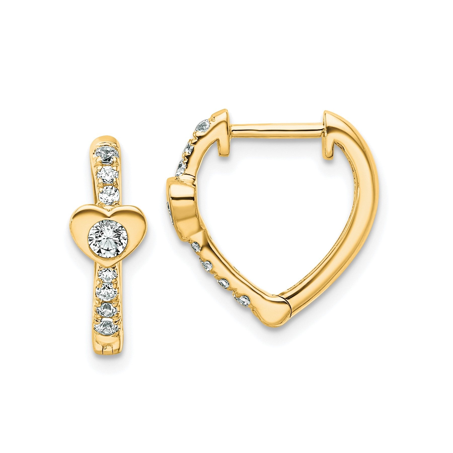 14K Yellow Gold Lab Grown Diamond Heart Hinged Hoop Earrings