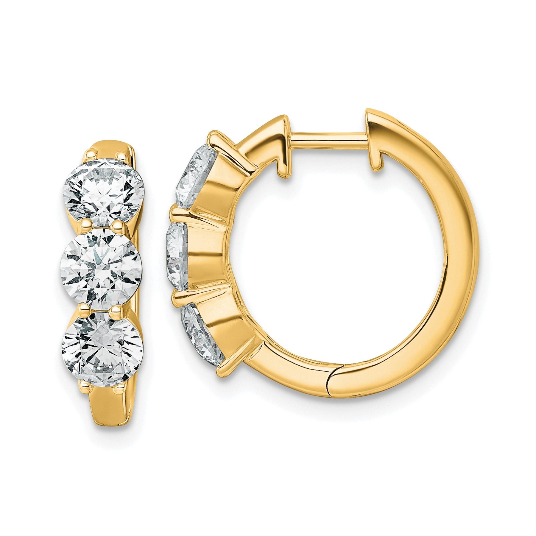 14K Yellow Gold Lab Grown Diamond Three Stone Hoop Earrings 3 Ct
