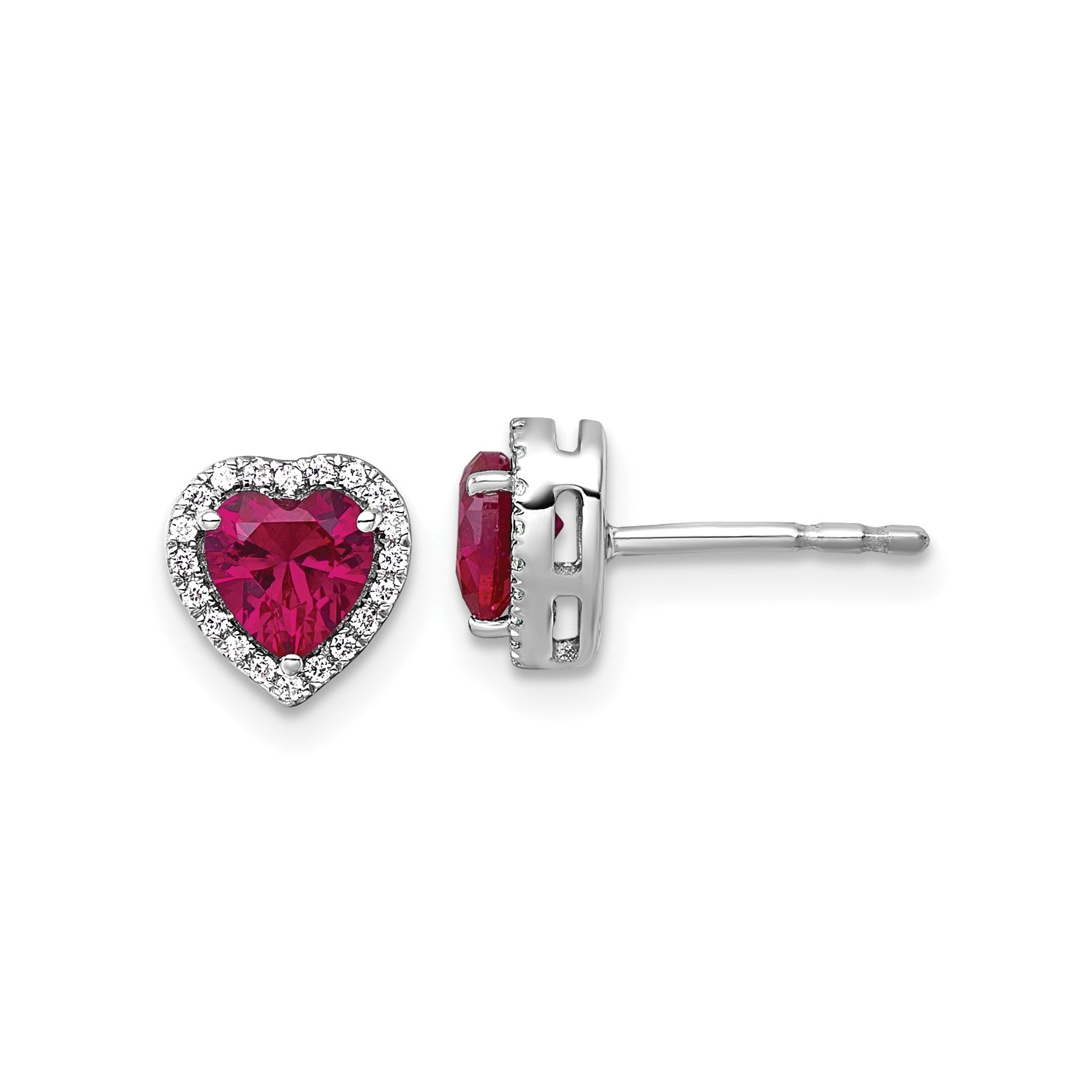 14k White Gold Lab Grown Diamond and Ruby Heart Stud Earrings