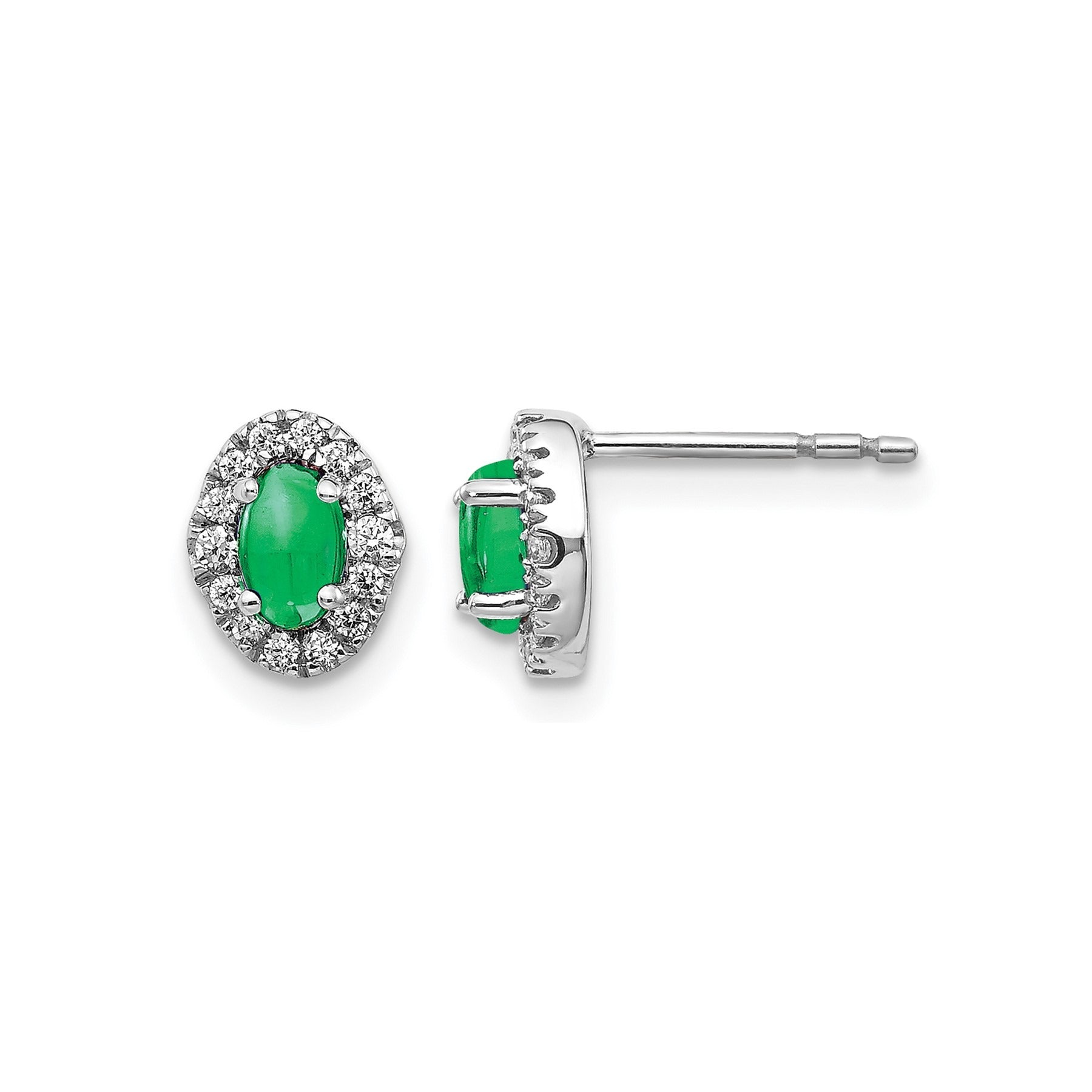 14K White Gold Lab Grown Diamond Oval Emerald Halo Post Earrings