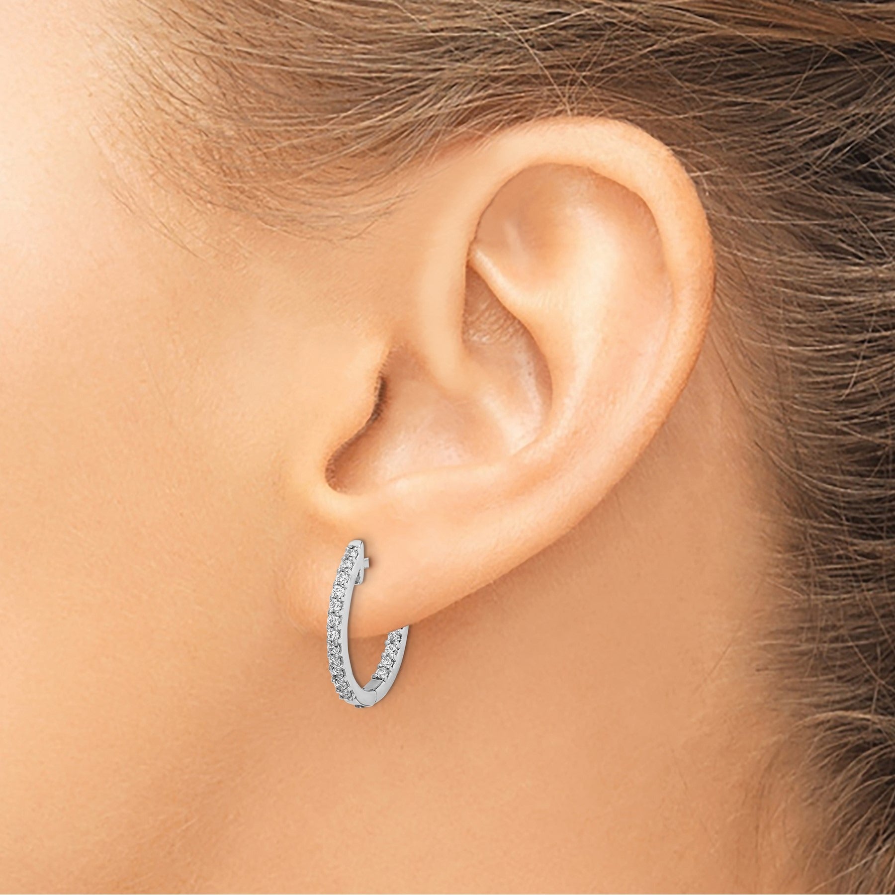 14K White Gold Lab Grown Diamond In and Out Hinged Tennis Hoop Earrings