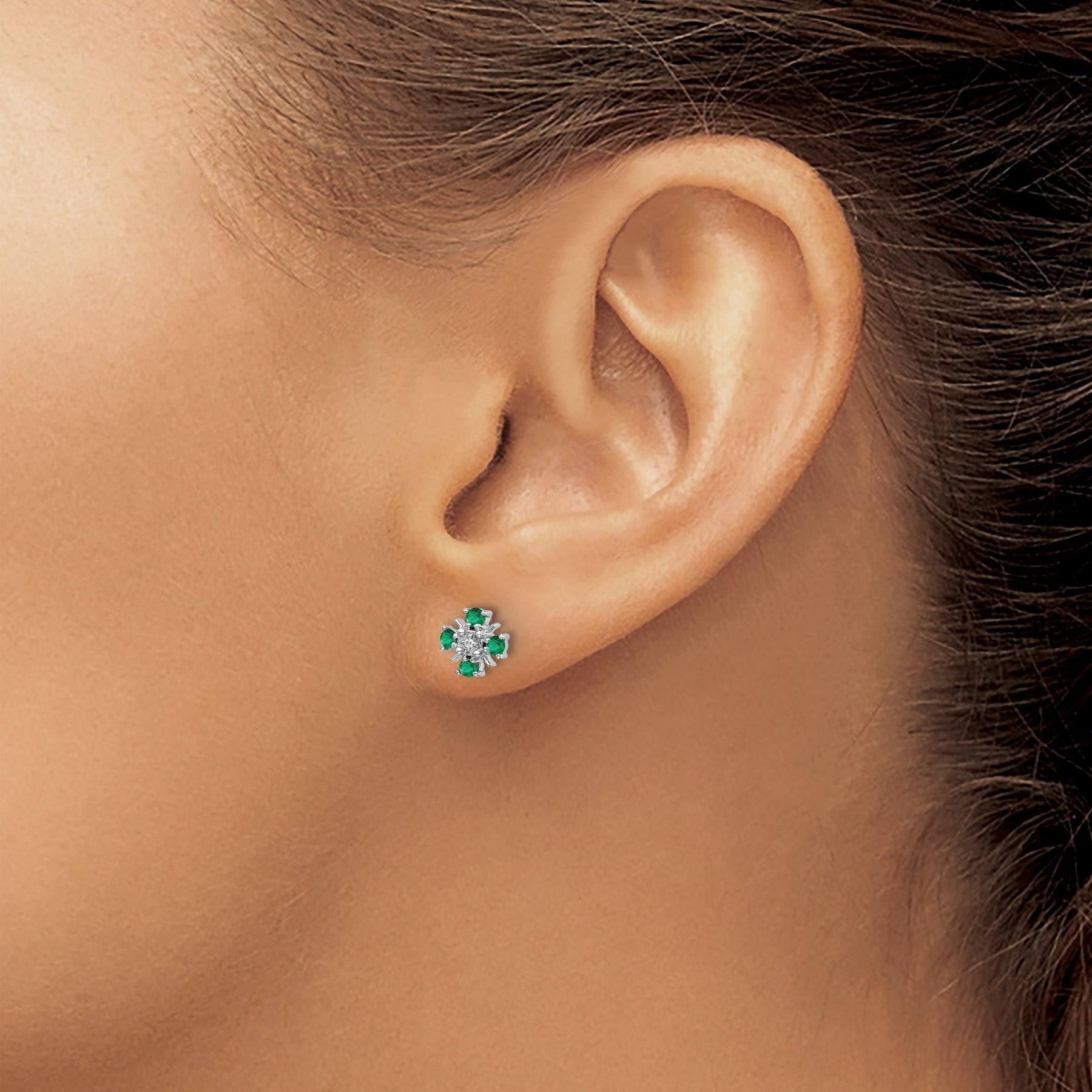 14k Gold .01 carat Lab Grown Diamond and Created Emerald Studs Earrings