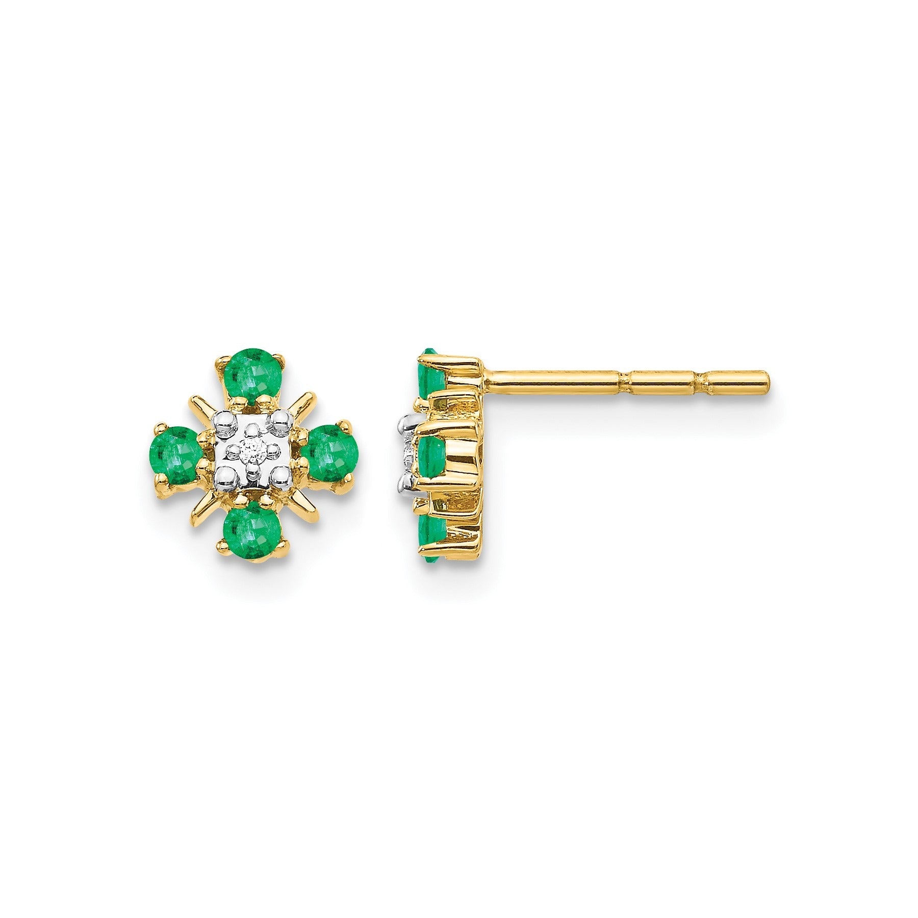 14k Gold .01 carat Lab Grown Diamond and Created Emerald Studs Earrings