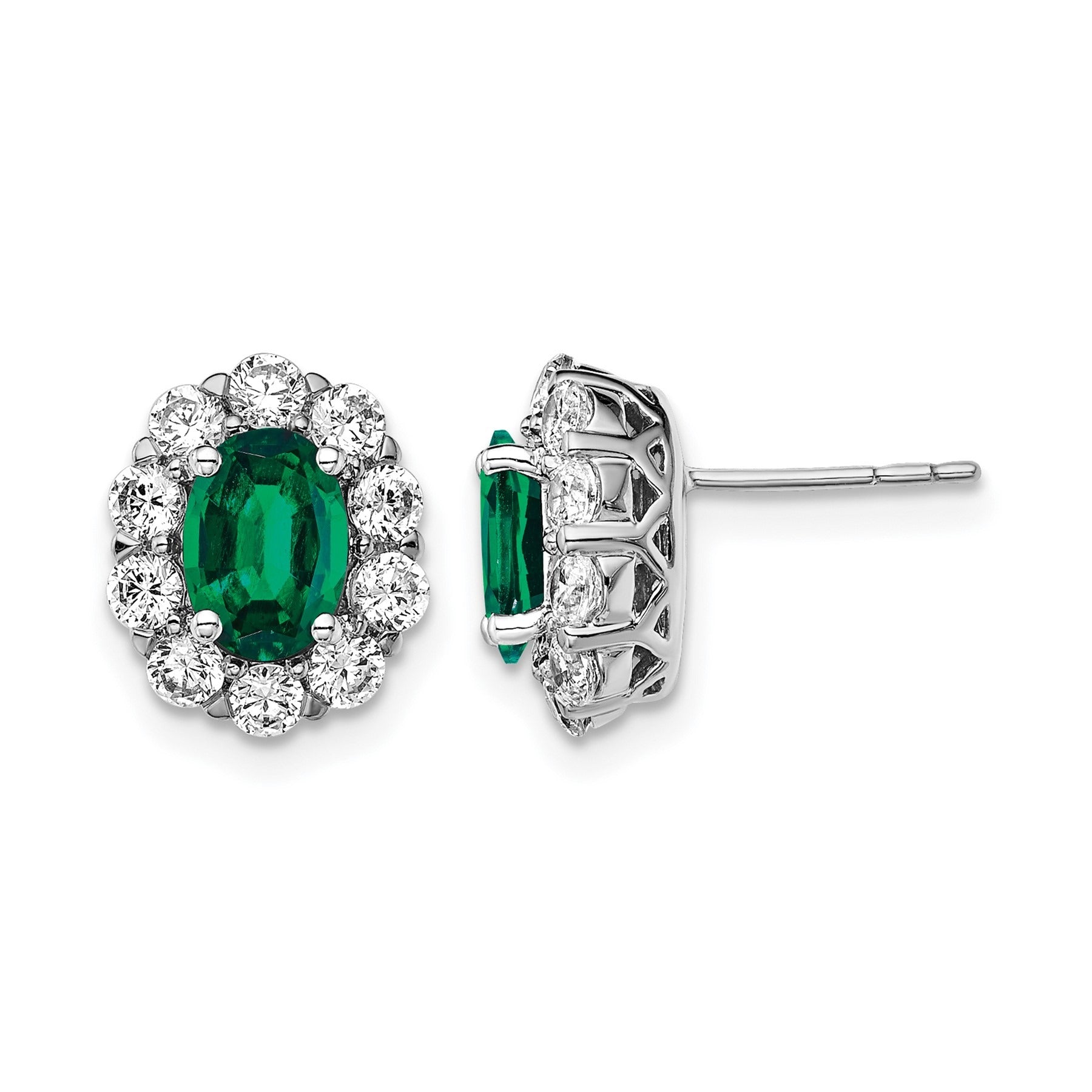 14k Lab Grown Diamond Oval Created Emerald Halo Post Studs Earrings