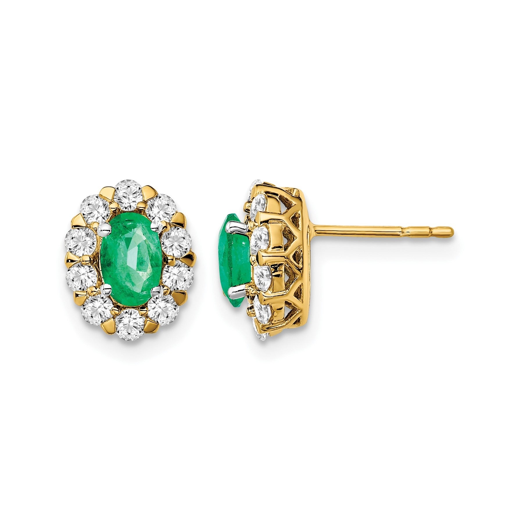 14k Lab Grown Diamond Oval Created Emerald Halo Post Studs Earrings