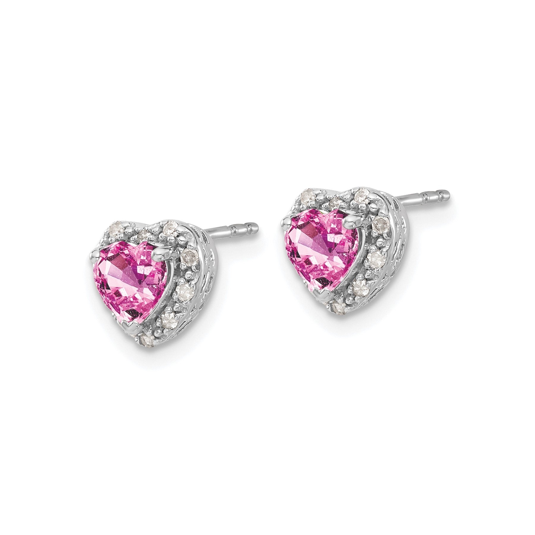 14K White Gold Lab Grown Diamond Heart Pink Sapphire Post Earrings