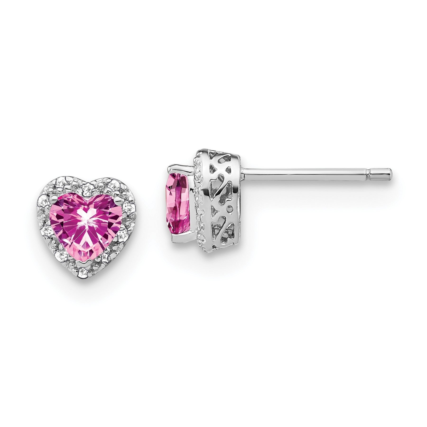 14K White Gold Lab Grown Diamond Heart Pink Sapphire Post Earrings