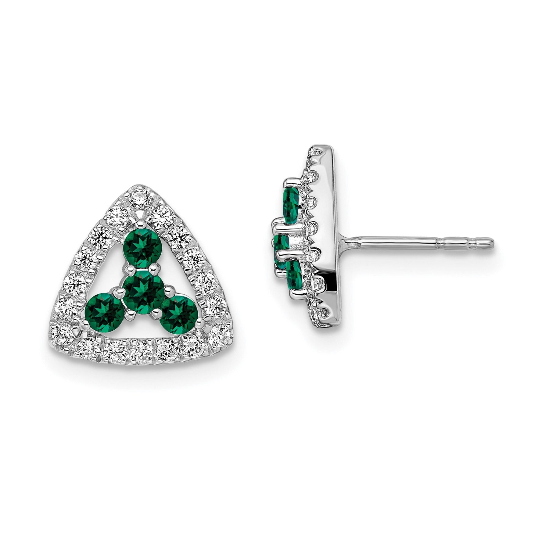 14k Gold Lab Grown Diamond and Created Emerald Triangle Stud Earrings