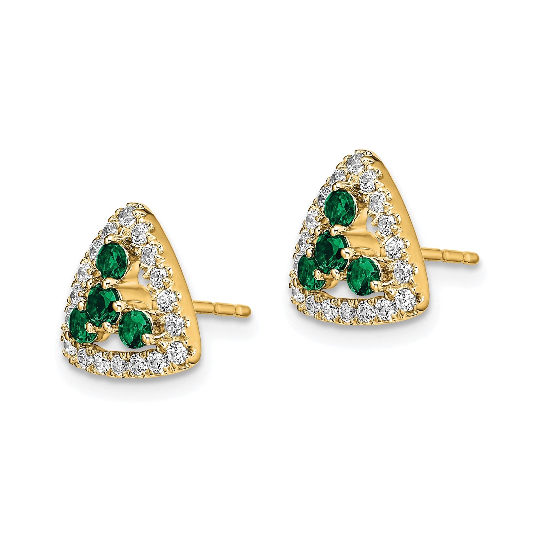 14k Gold Lab Grown Diamond and Created Emerald Triangle Stud Earrings