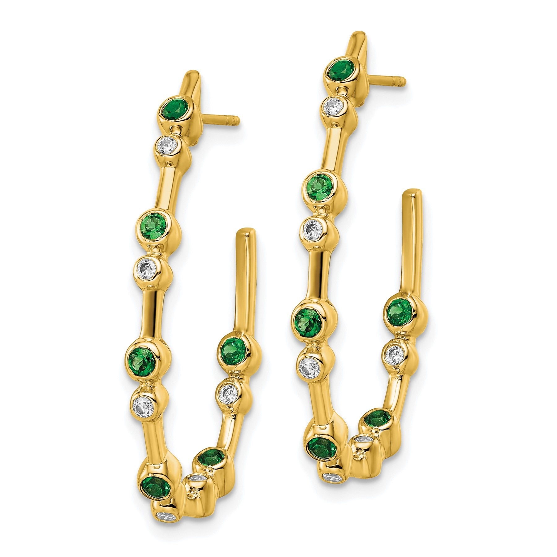 14K Yellow Gold Lab Grown Diamond and Emerald Post Hoop Earrings