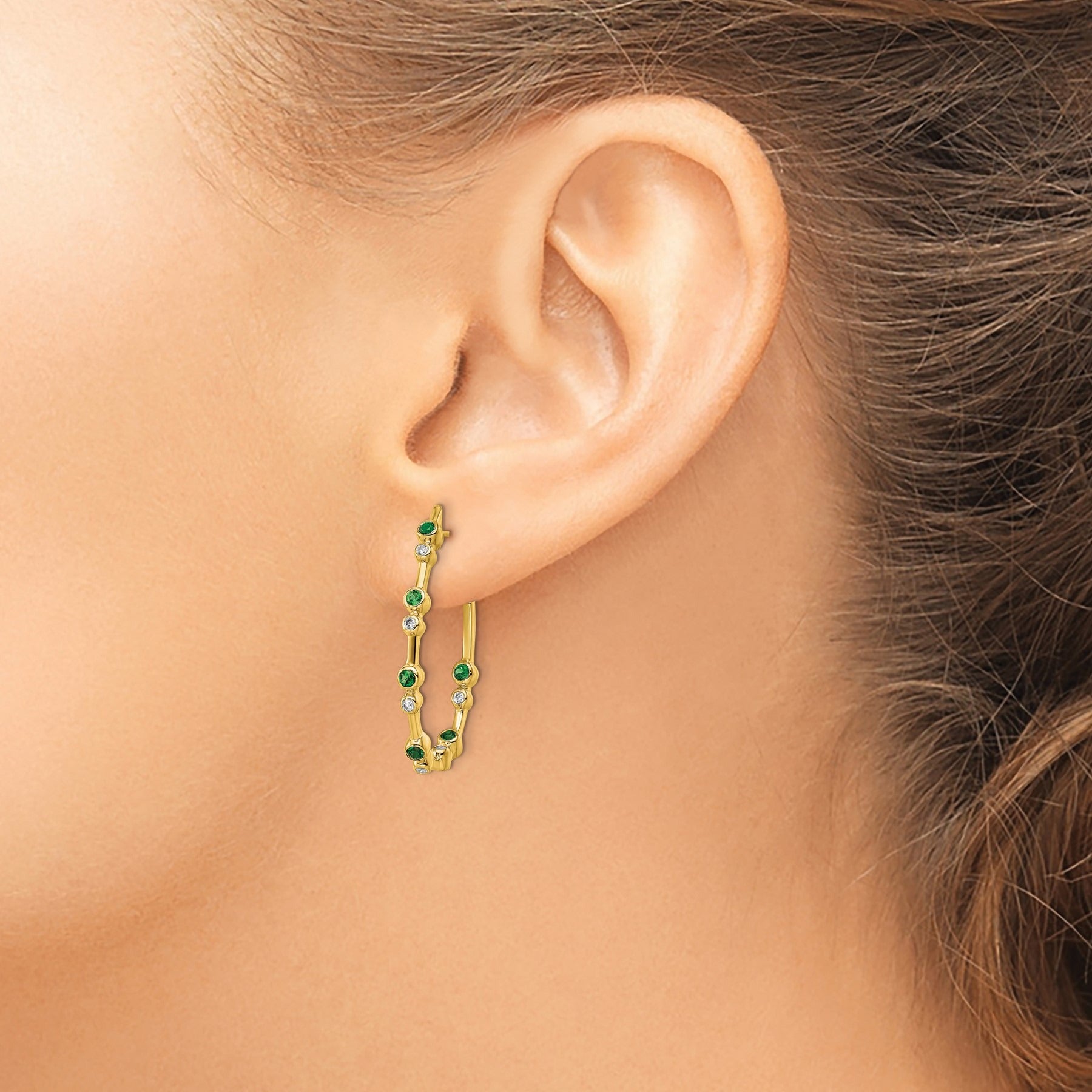 14K Yellow Gold Lab Grown Diamond and Emerald Post Hoop Earrings