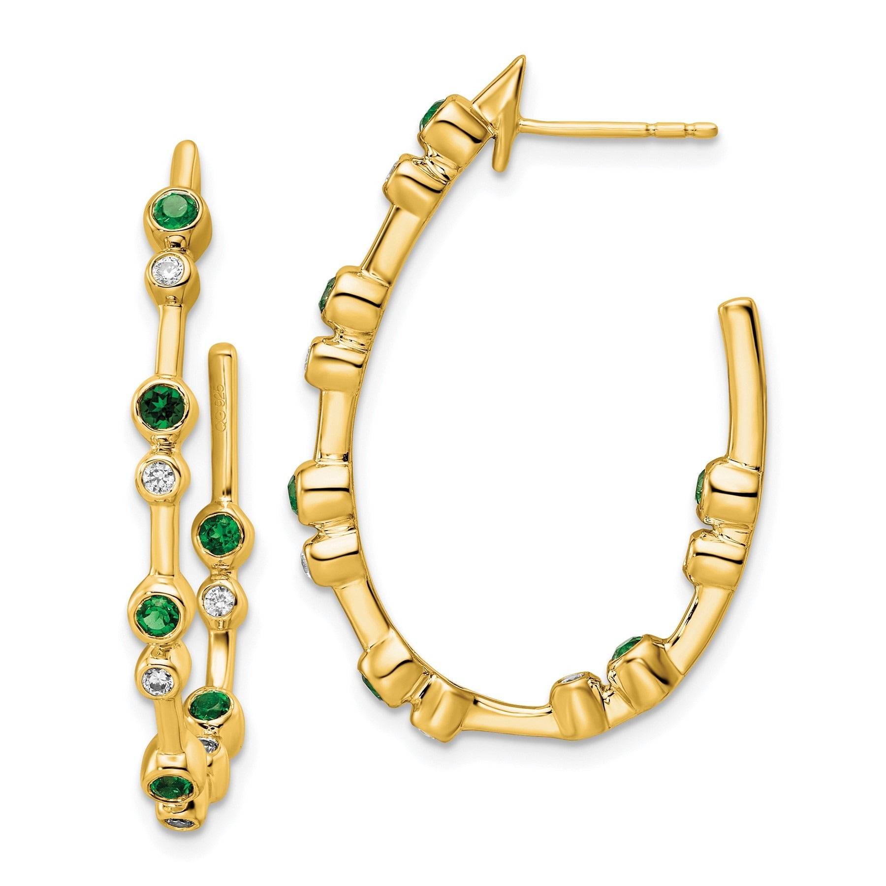 14K Yellow Gold Lab Grown Diamond and Emerald Post Hoop Earrings