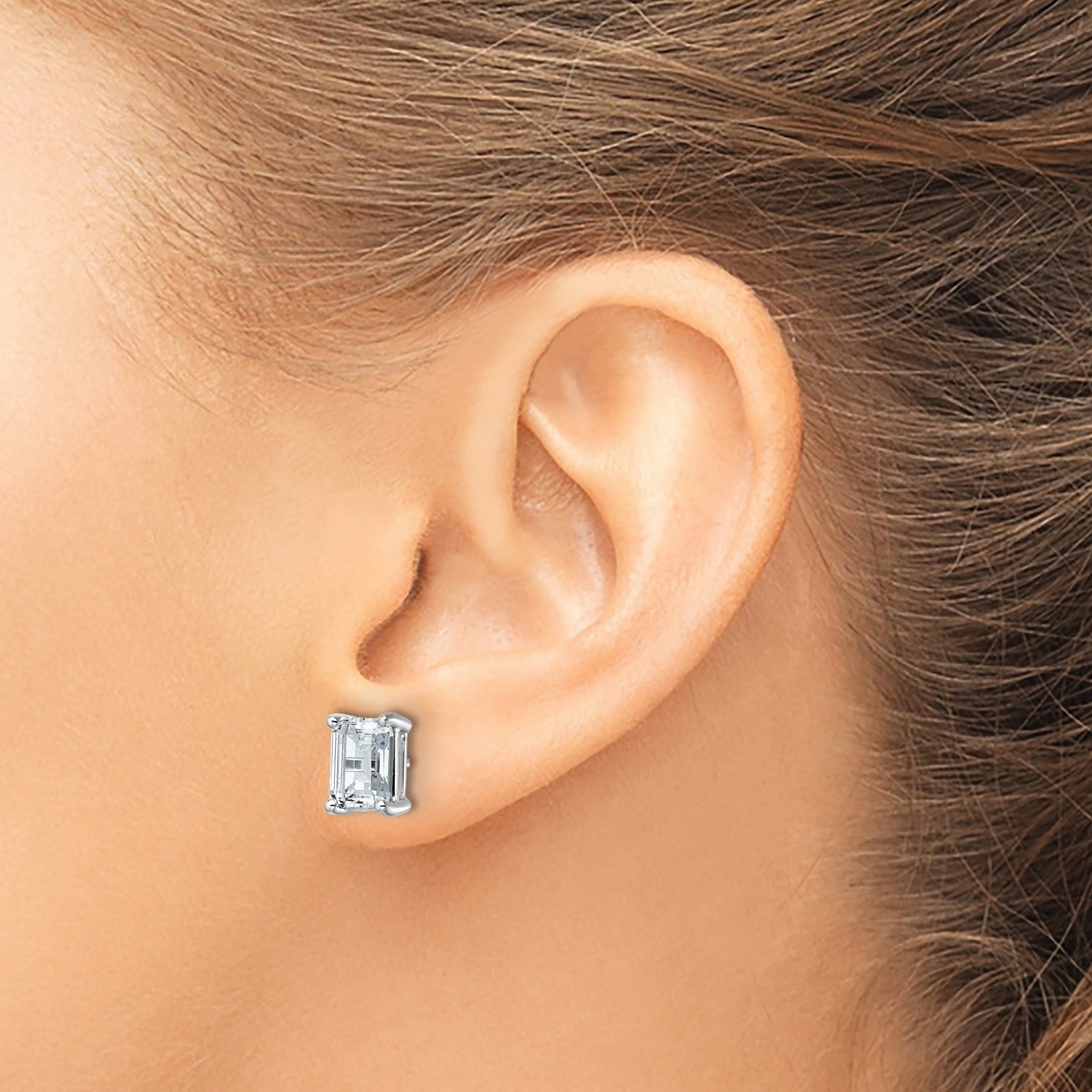 14K White Gold Lab Grown Emerald Diamond Four Prong Stud Earrings