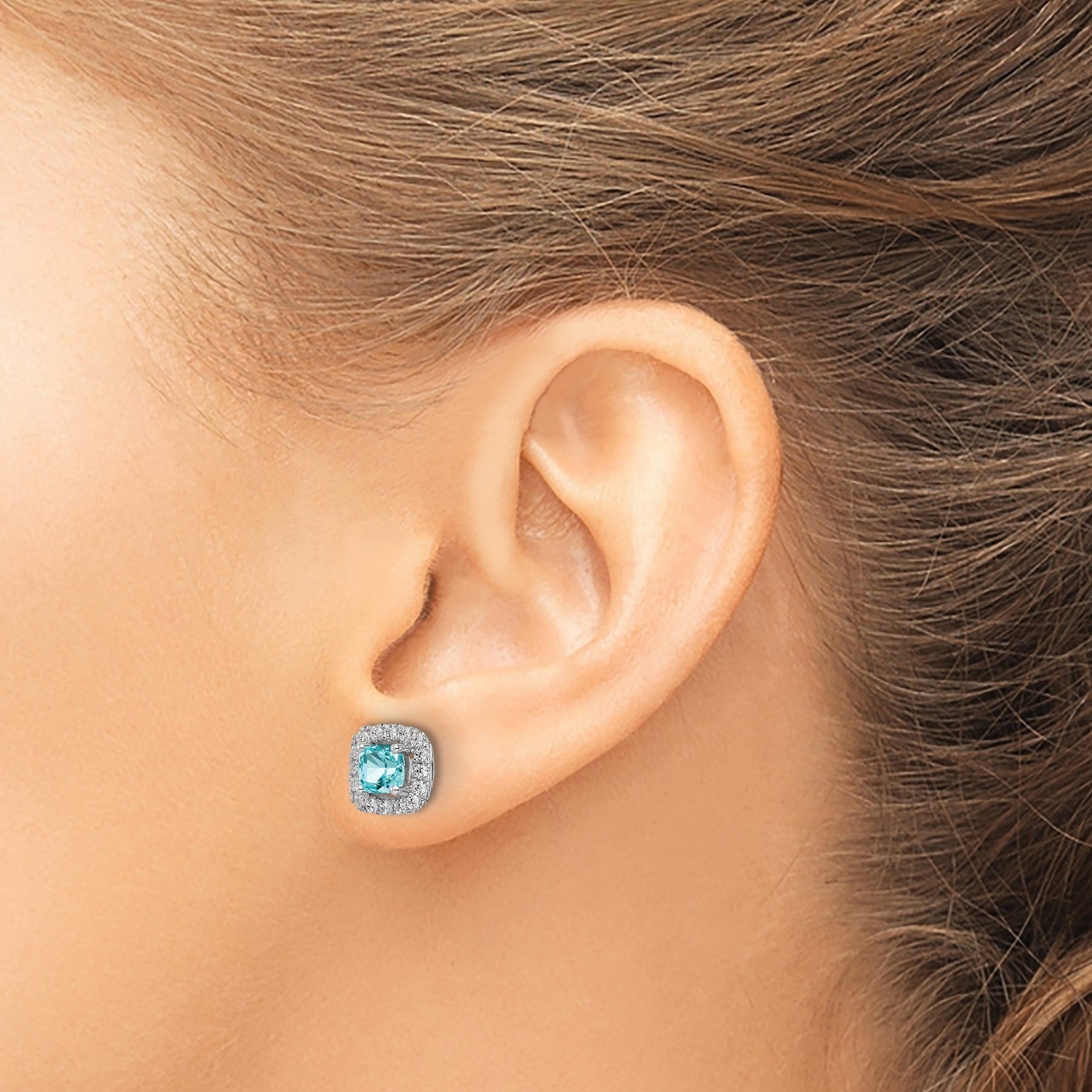 14K White Gold Lab Grown Diamond and Paraiba Halo Post Studs Earrings