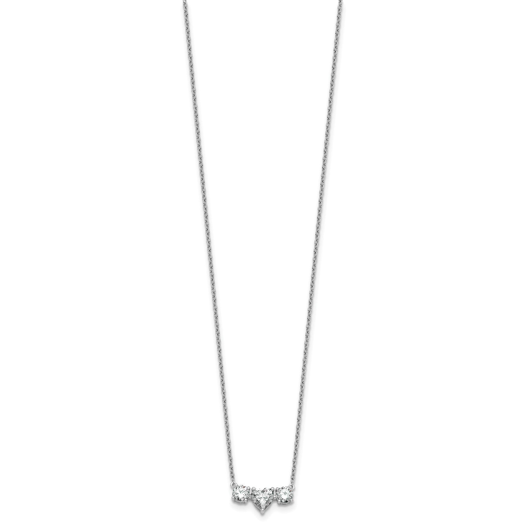 14k White Gold Lab Grown Diamond Three Stone Heart Bar Necklace 1 3/8 ctw