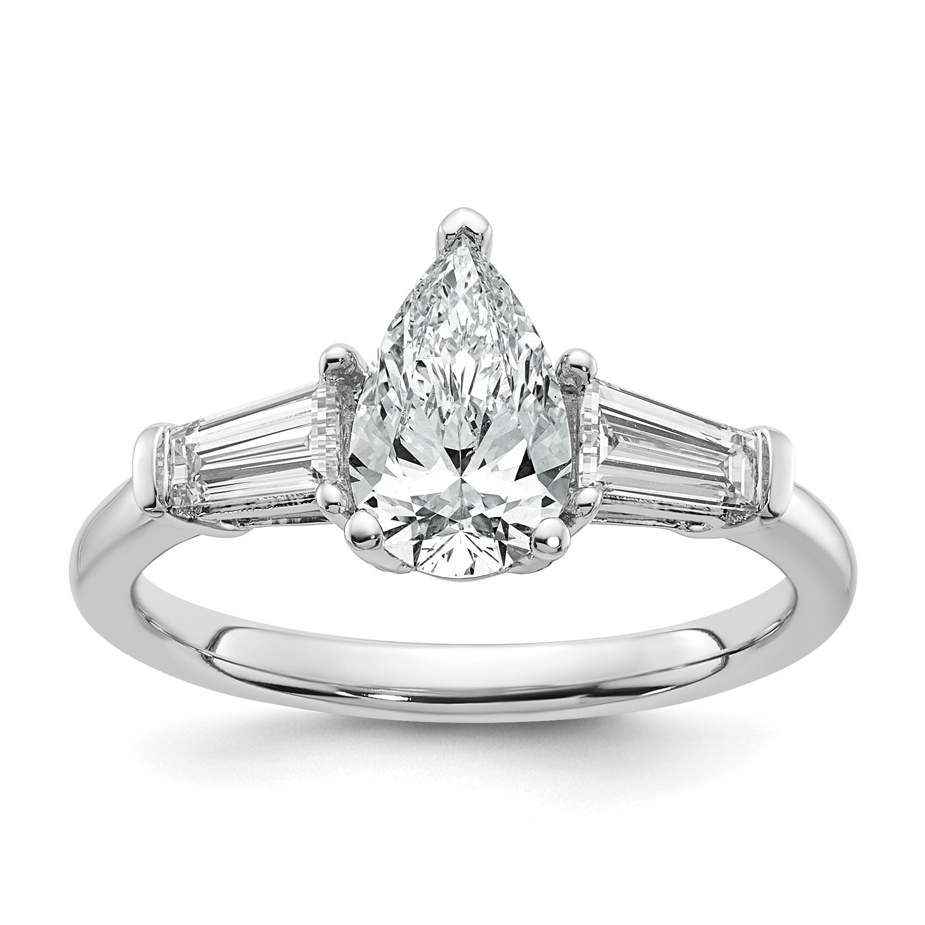 14k White Gold Lab Grown Pear Diamond Baguette 3-Stone Bridal Ring