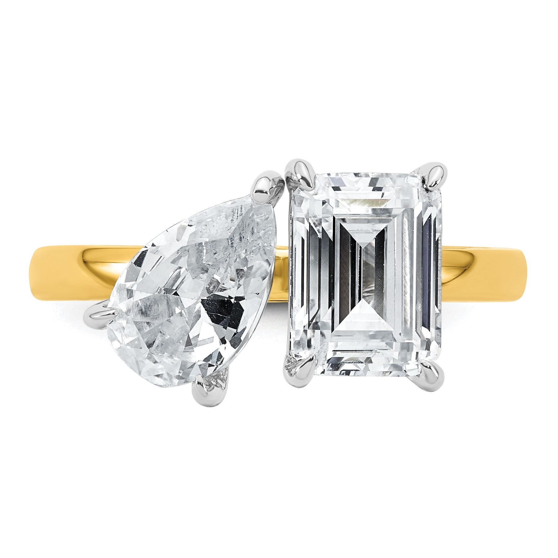 14K Yellow Gold Lab Grown Diamond Pear and Emerald Two Stone Ring 2.88 Ct