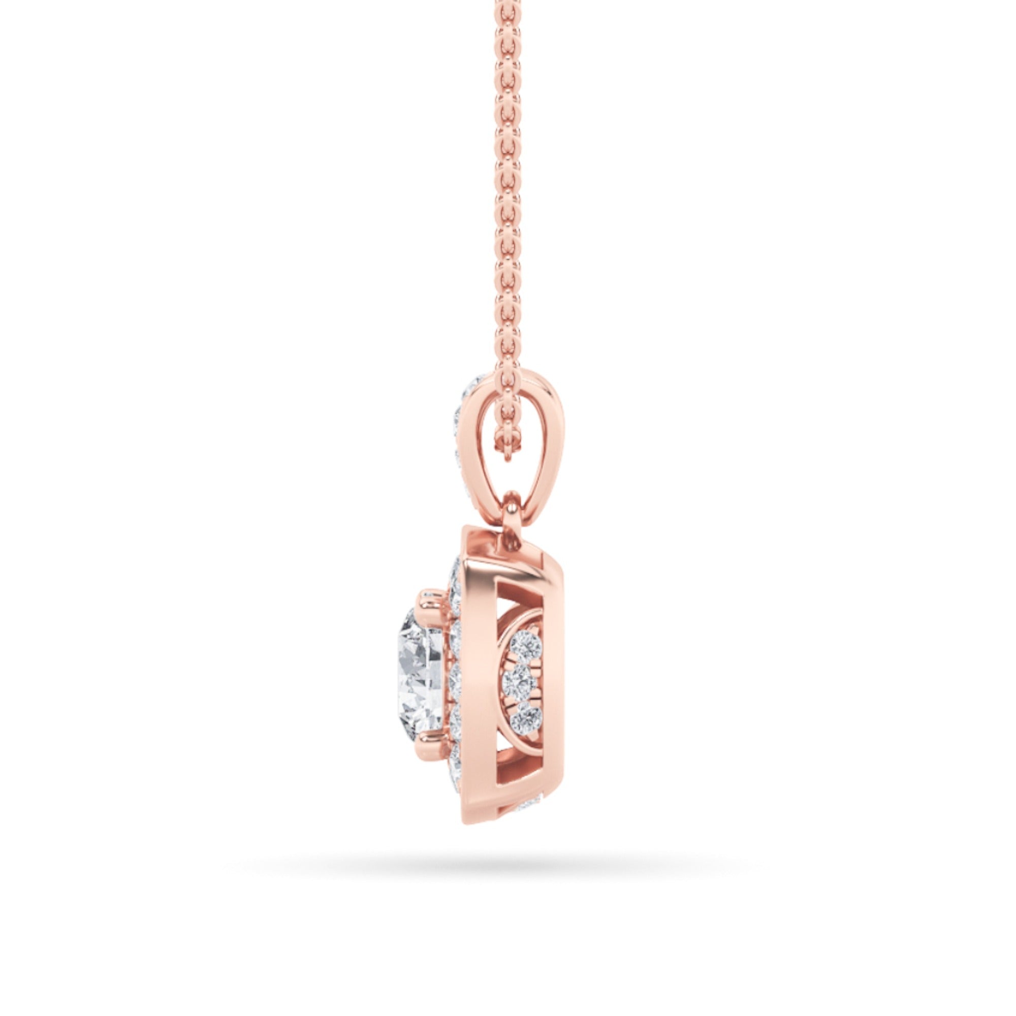Round (F/VS) Lab Grown Diamond 14K Rose Gold Halo Pendant Necklace