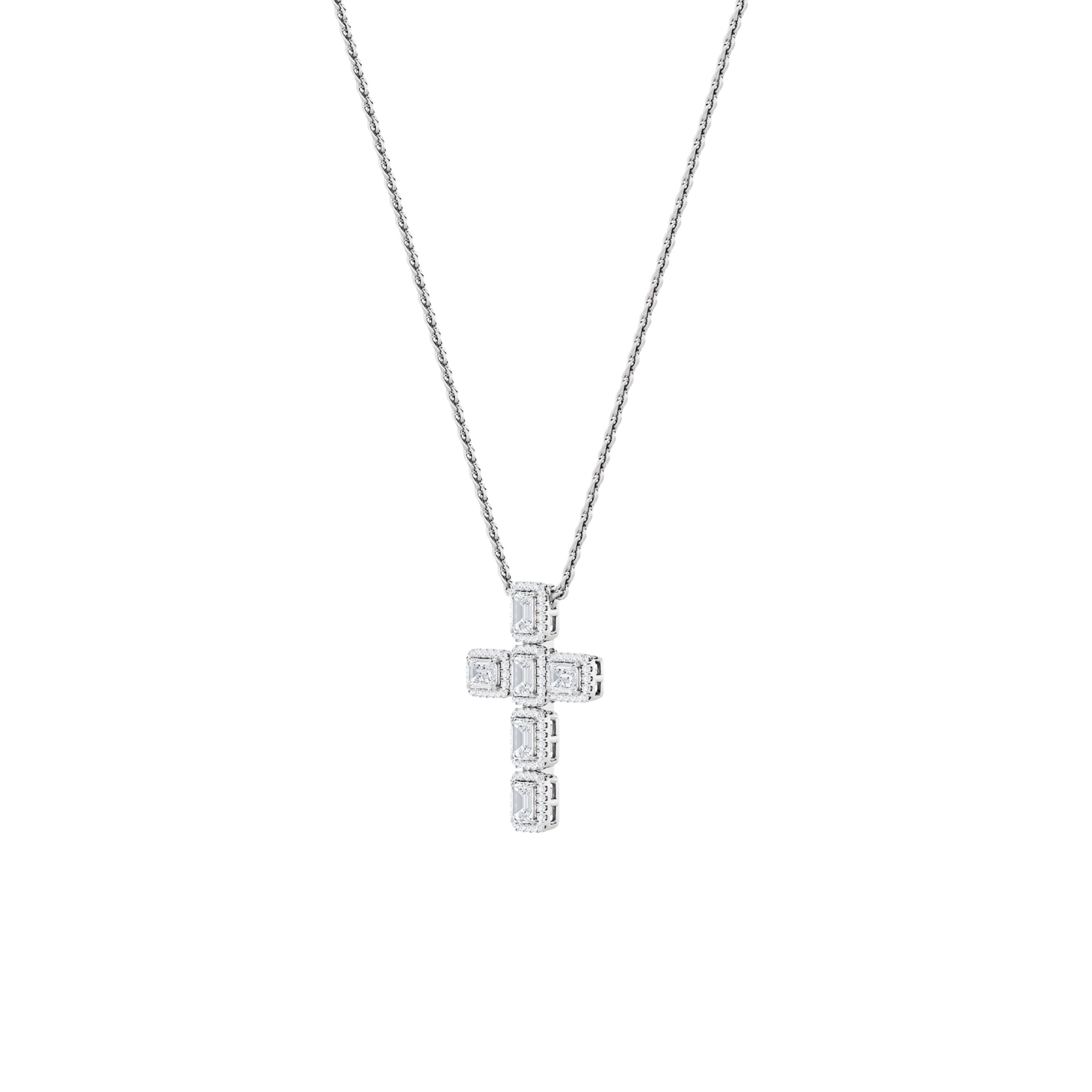 3.0 Ct Emerald (F/VS) Lab Grown Diamond Prong 14K White Gold Fancy Halo Cross Pendant Necklace