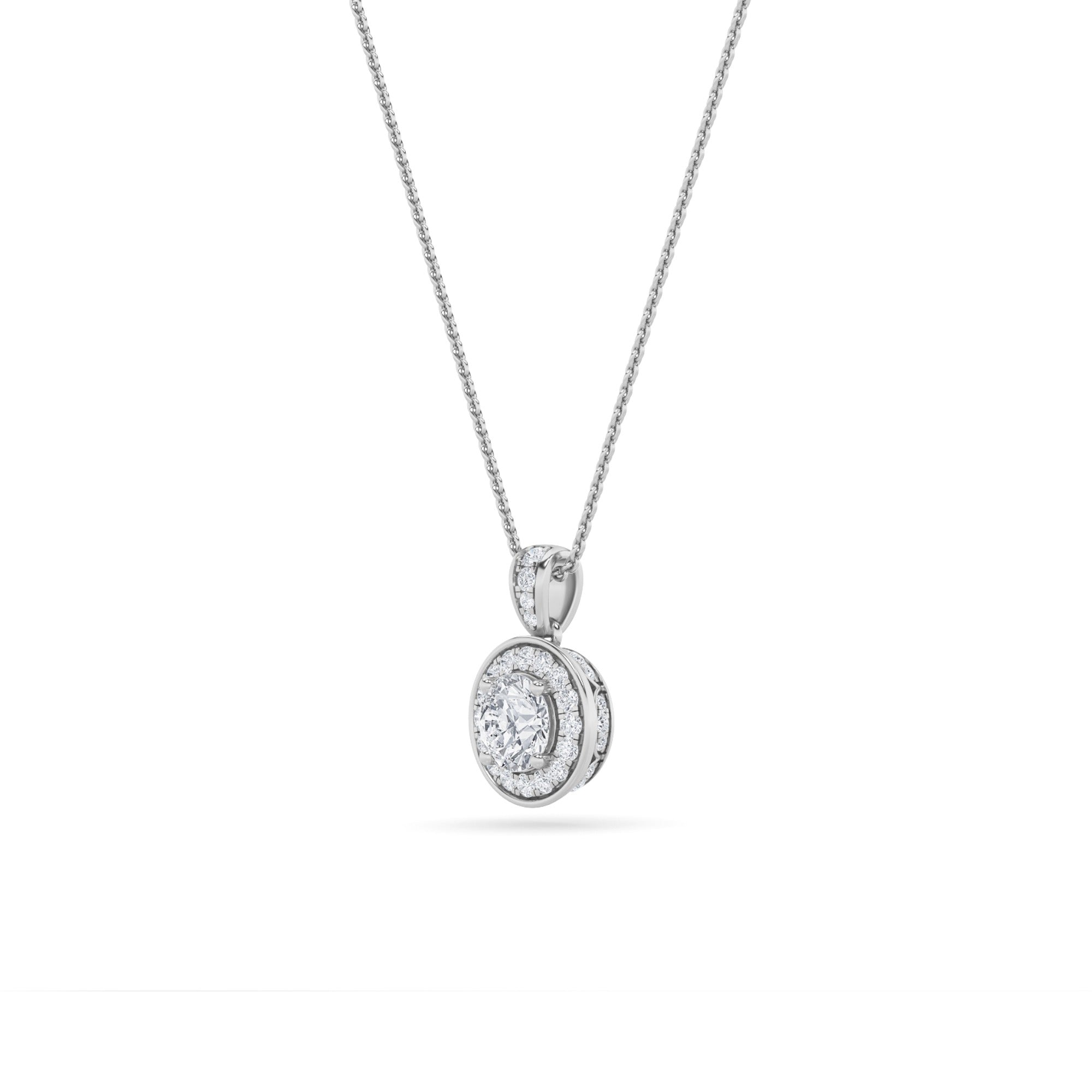 Round (F/VS) Lab Grown Diamond 14K White Gold Halo Pendant Necklace