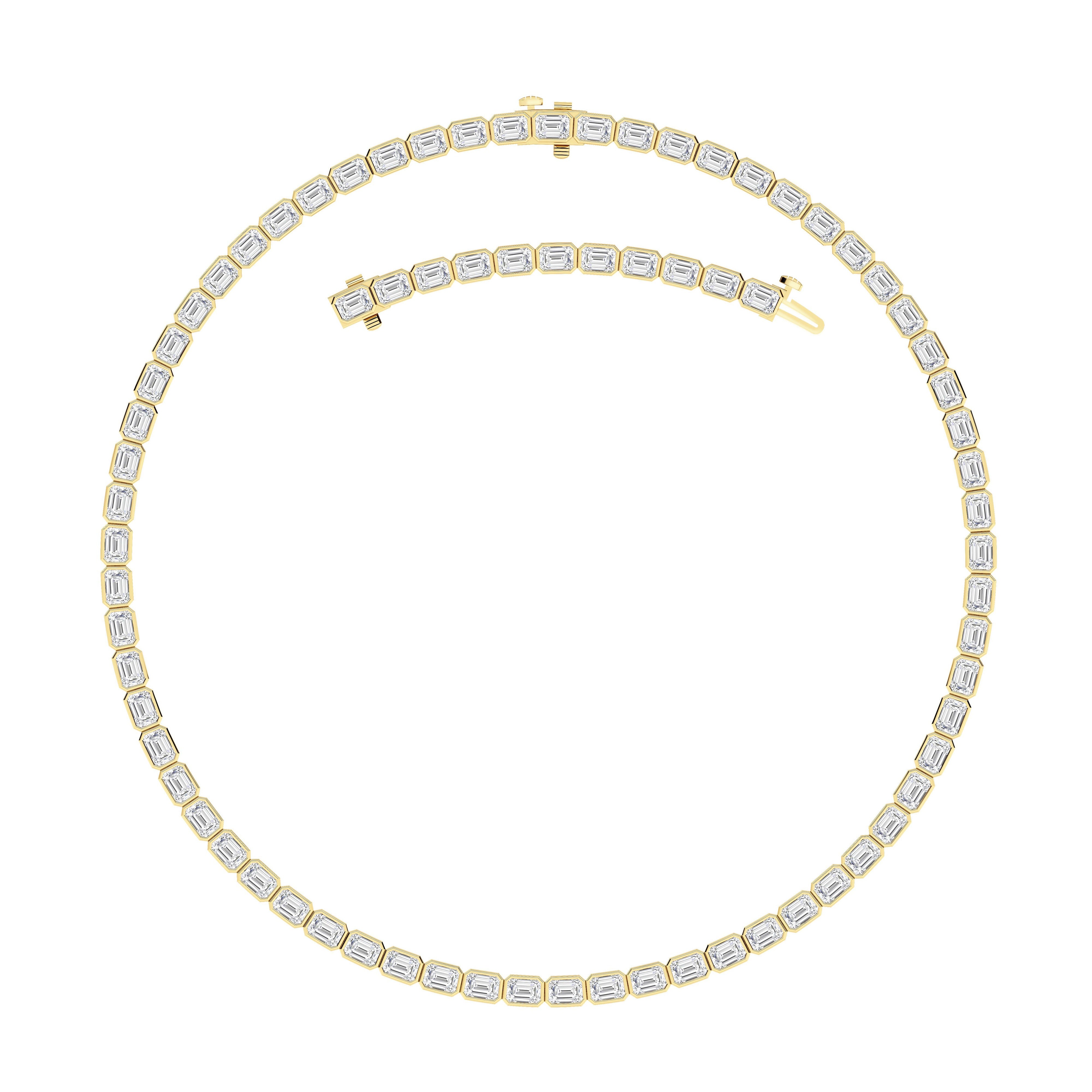 30.0 Ct Emerald (F/VS) Lab Grown Diamond Bezel 14K Yellow Gold Classic Eternity Tennis Necklace