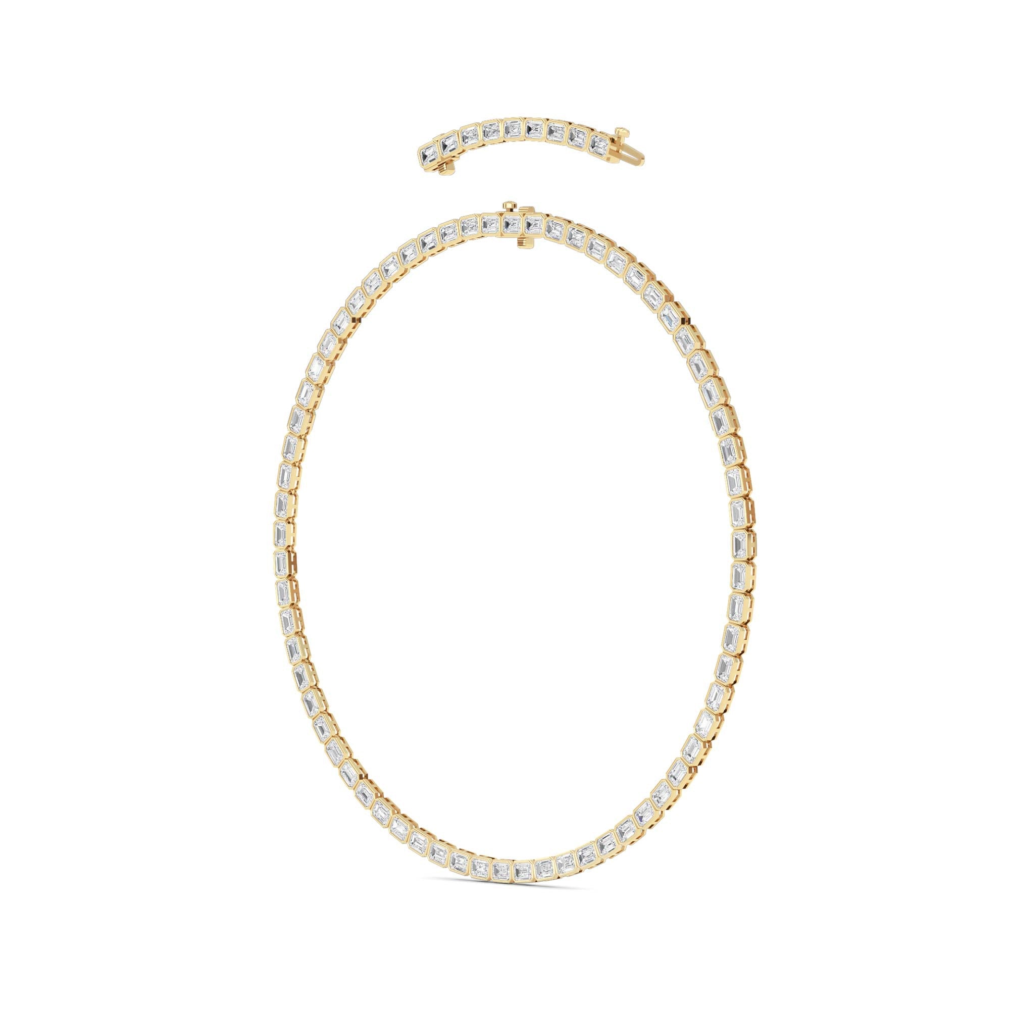 30.0 Ct Emerald (F/VS) Lab Grown Diamond Bezel 14K Yellow Gold Classic Eternity Tennis Necklace