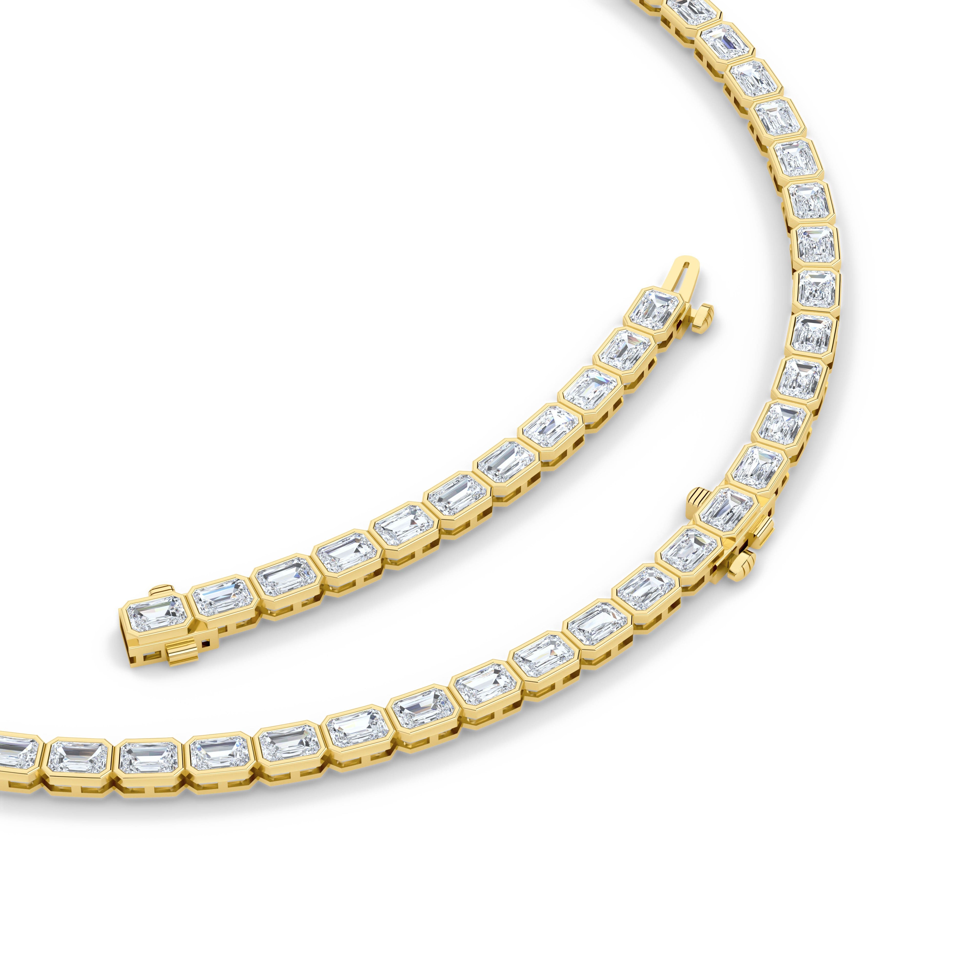 30.0 Ct Emerald (F/VS) Lab Grown Diamond Bezel 14K Yellow Gold Classic Eternity Tennis Necklace