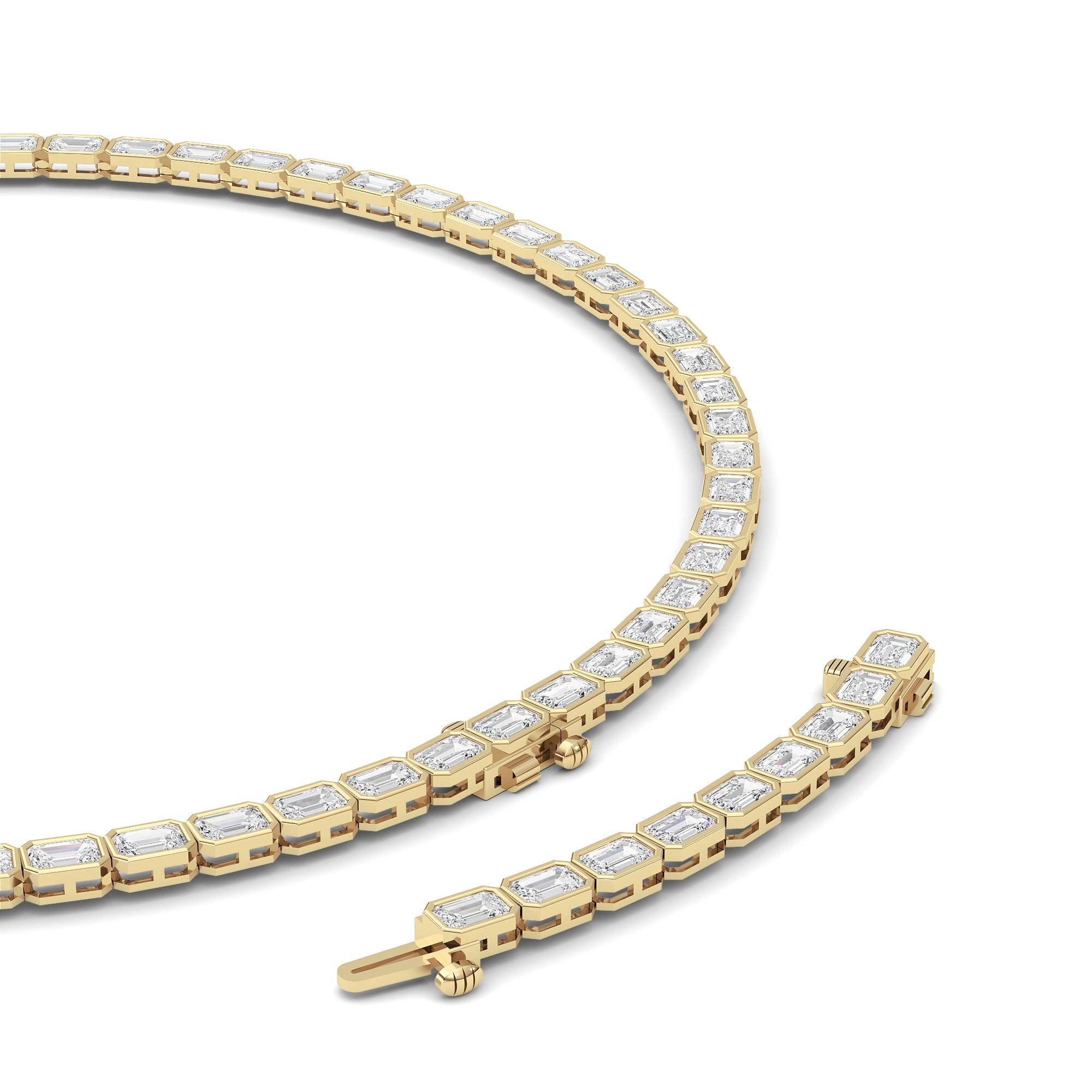 30.0 Ct Emerald (F/VS) Lab Grown Diamond Bezel 14K Yellow Gold Classic Eternity Tennis Necklace