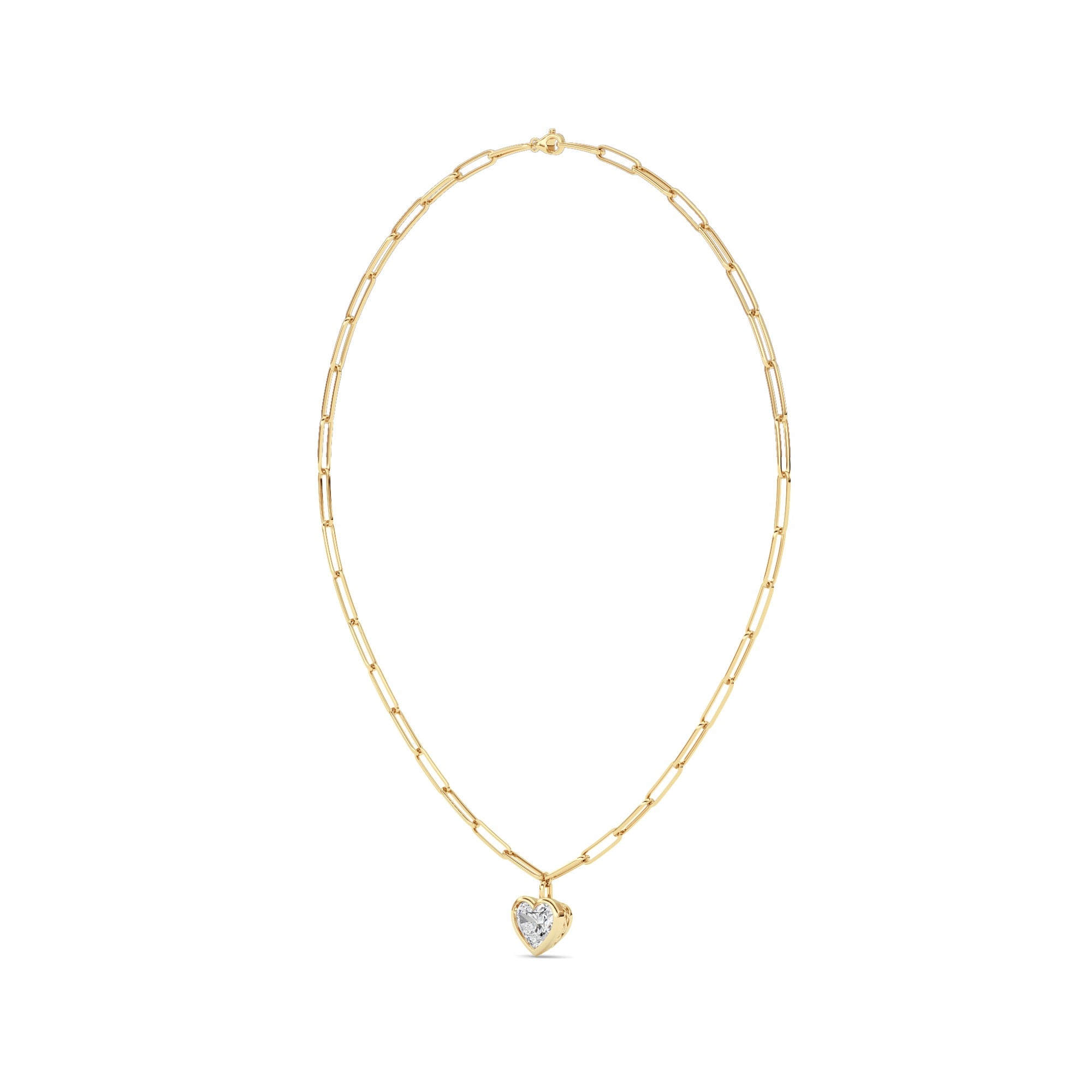 4.0 Ct Heart (F/VS) Lab Grown Diamond Bezel 14K Yellow Gold Paperclip Link Solitaire Pendant Necklace