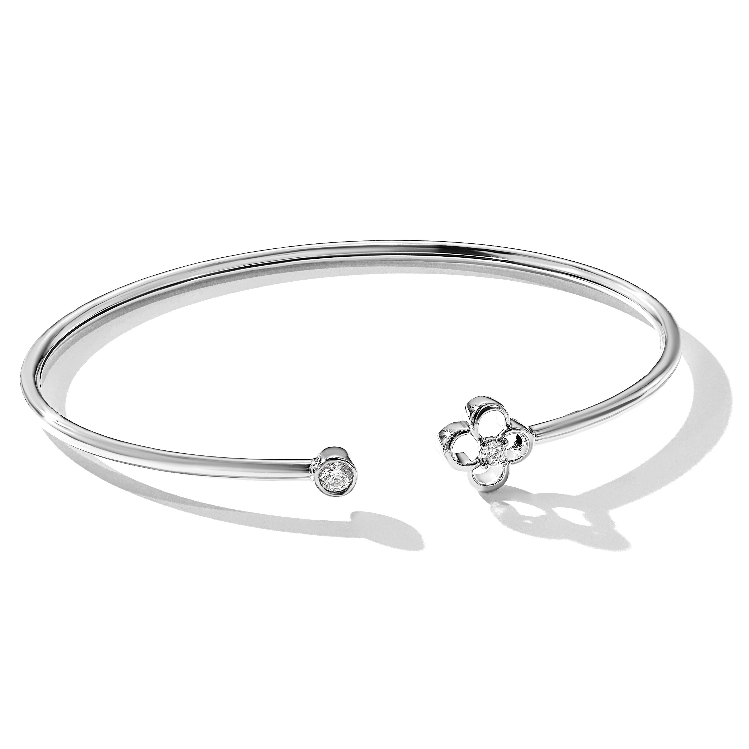 14k White Gold Lab Diamond Floral Flexible Cuff Bangle Bracelet