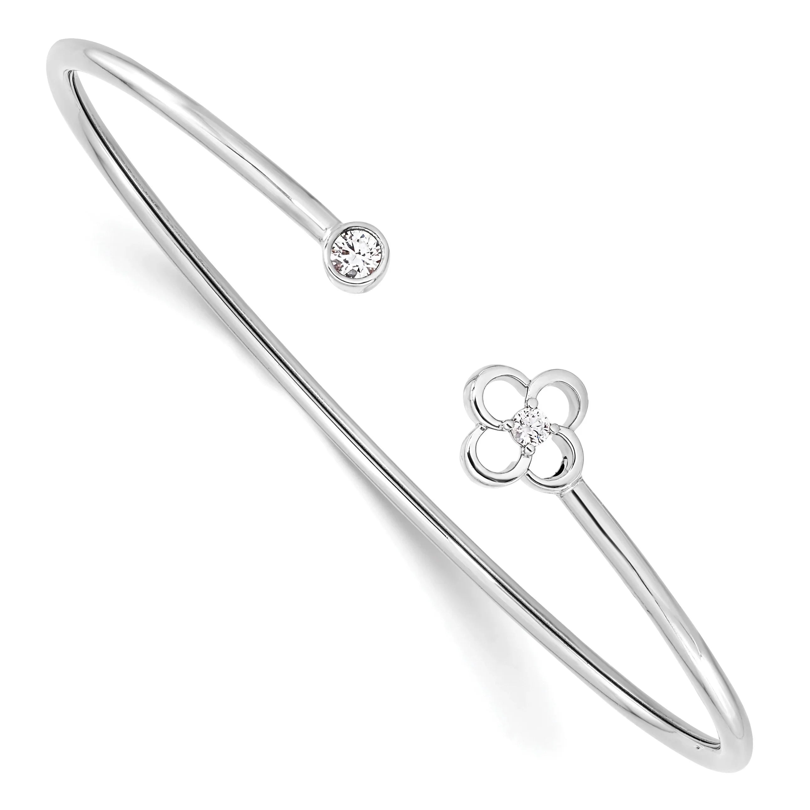 14k White Gold Lab Diamond Floral Flexible Cuff Bangle Bracelet - Fine Diamond