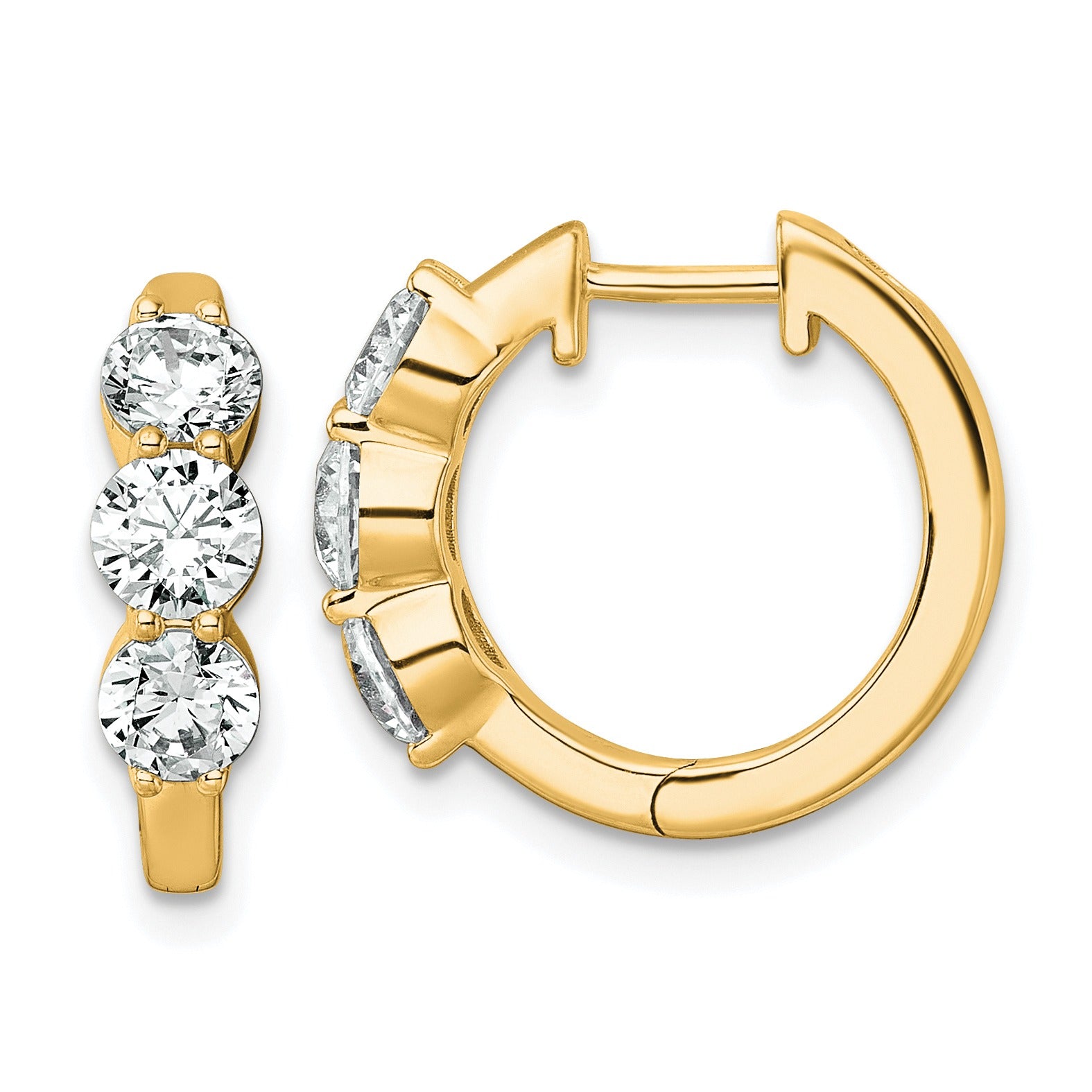 14K Yellow Gold Lab Grown Diamond Three Stone Hinged Hoop Earrings