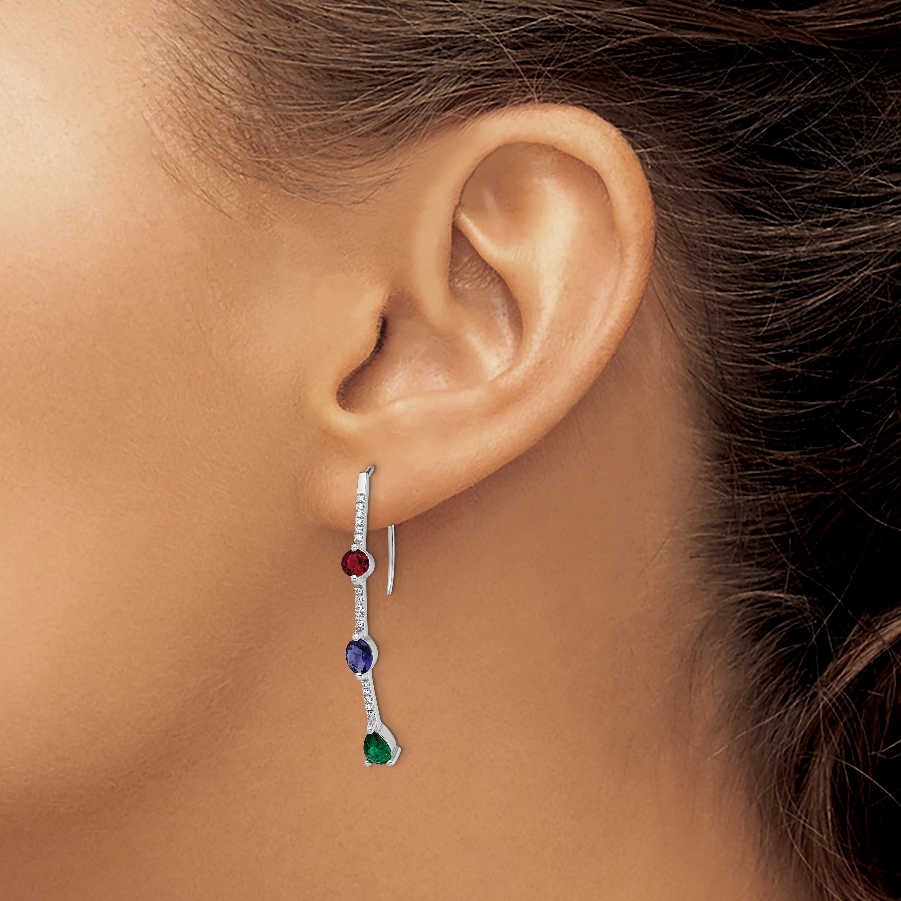 14k White Gold Lab Diamond & Gemstone Drop Wire Threader Earrings