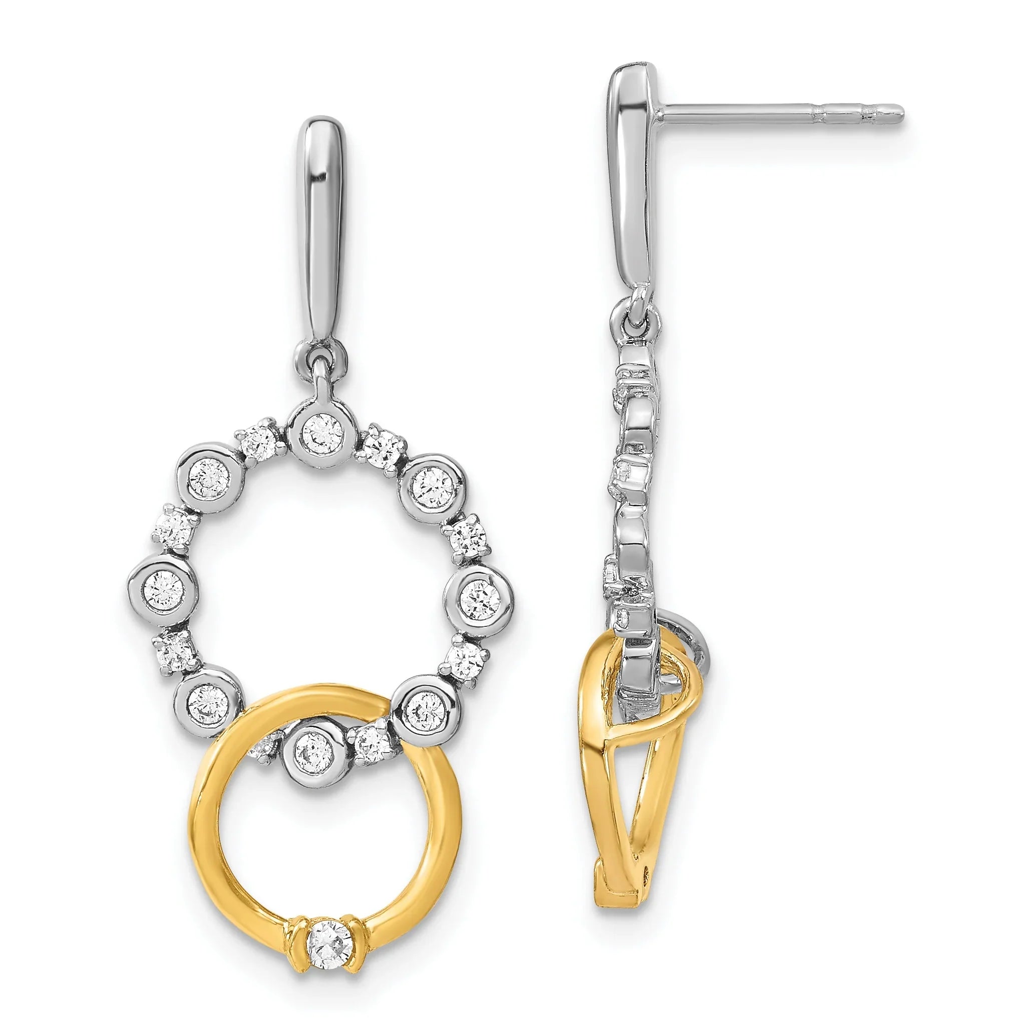 14k Two-tone Lab Diamond Circle Drop Post Dangle Earrings - Fine Diamond