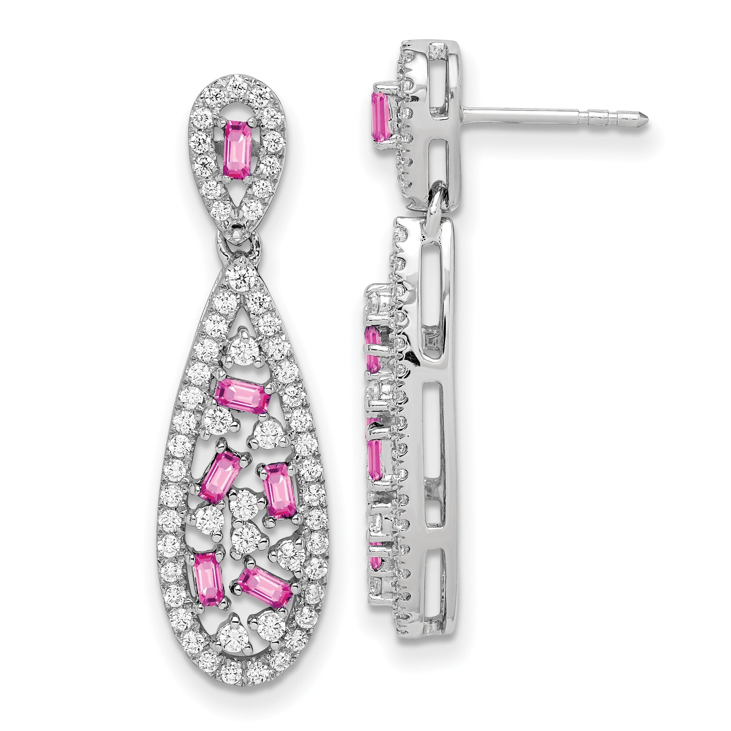 14k White Gold Lab Diamond and Created Pink Sapphire Dangle Teardrop Earrings