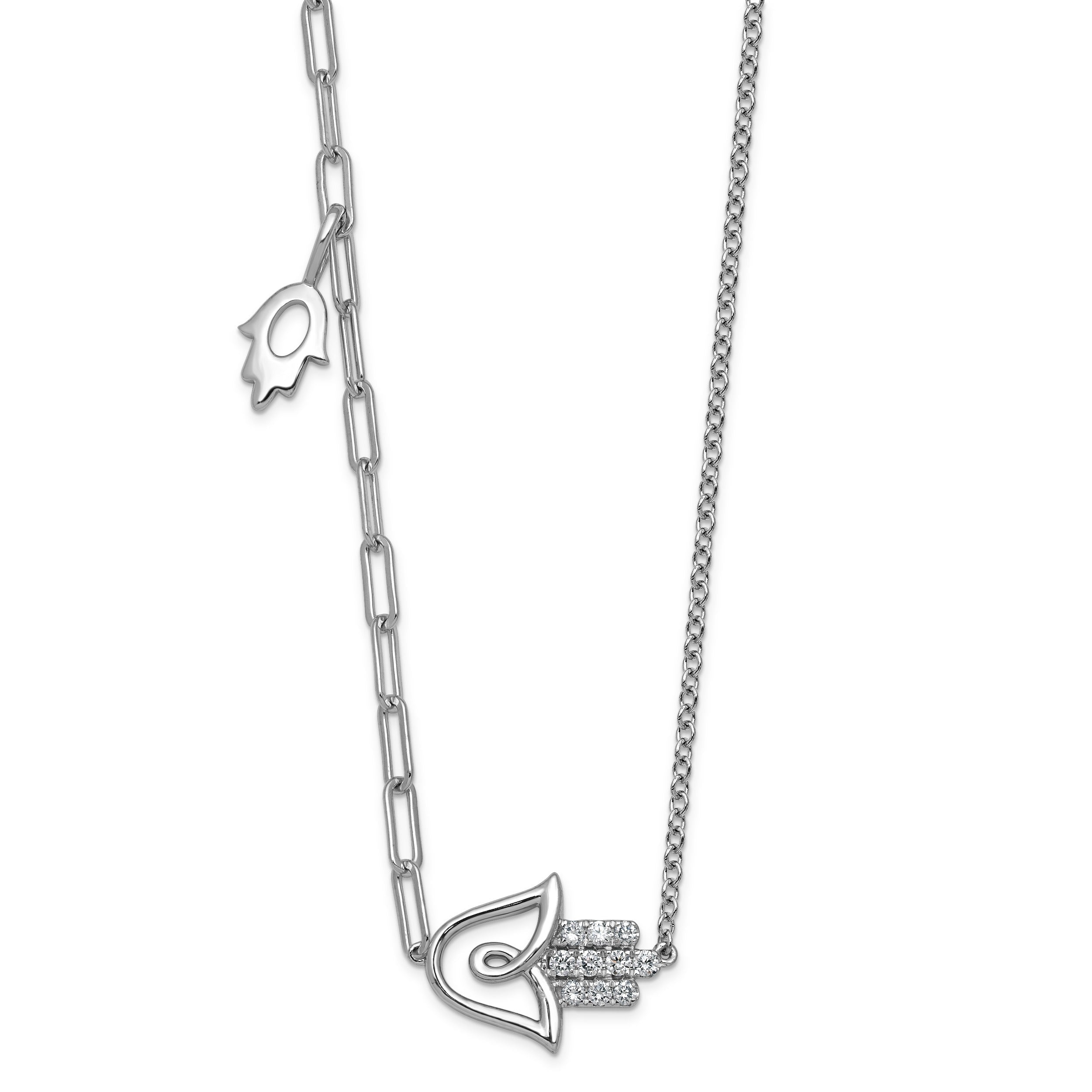 0.15 Ct Round White Lab Diamond Prong 14K White Gold Hamsa Hand Paperclip Cable Chain Necklace
