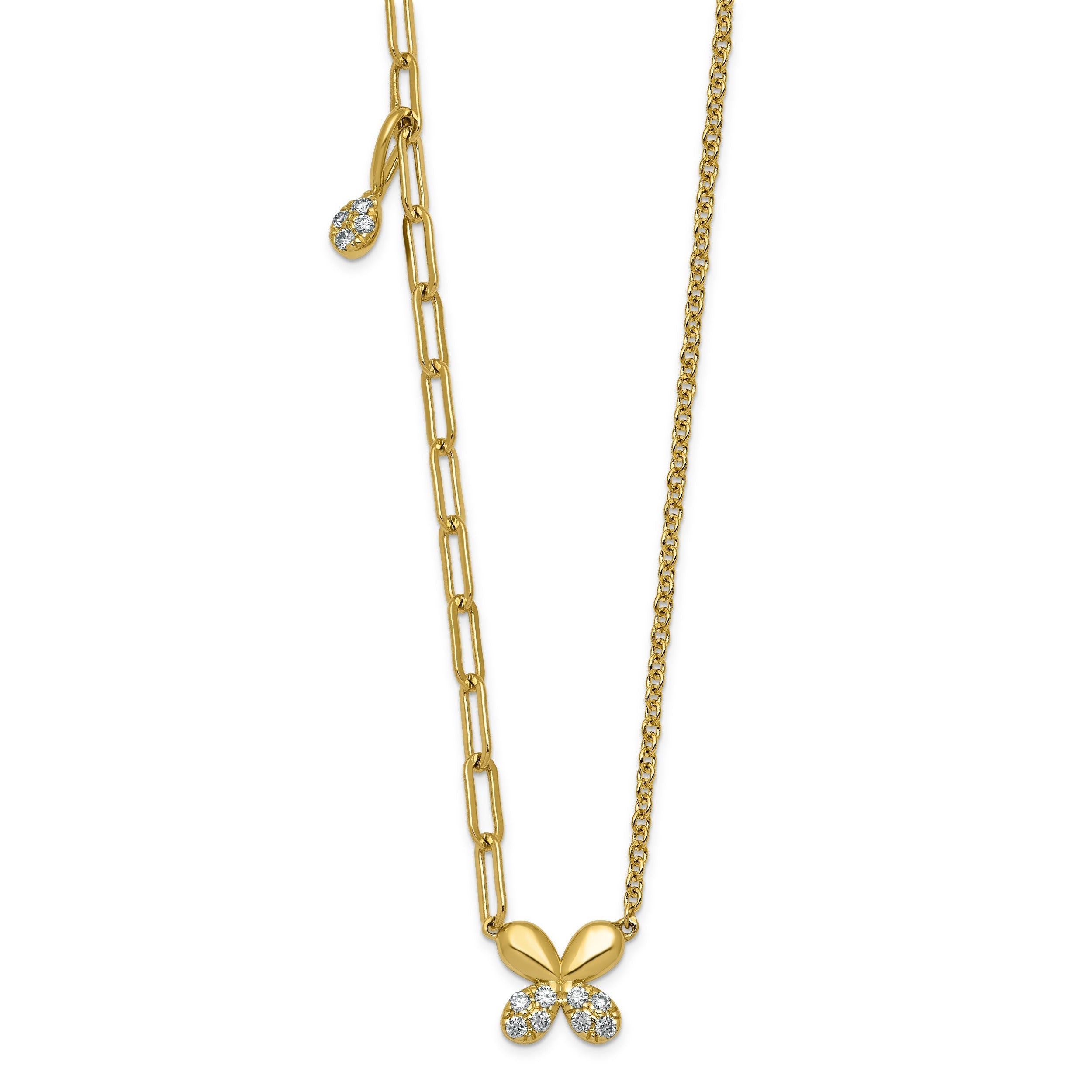 0.13 Ct Lab Diamond Pave 14K Yellow Gold Butterfly Paperclip cable Chain Necklace