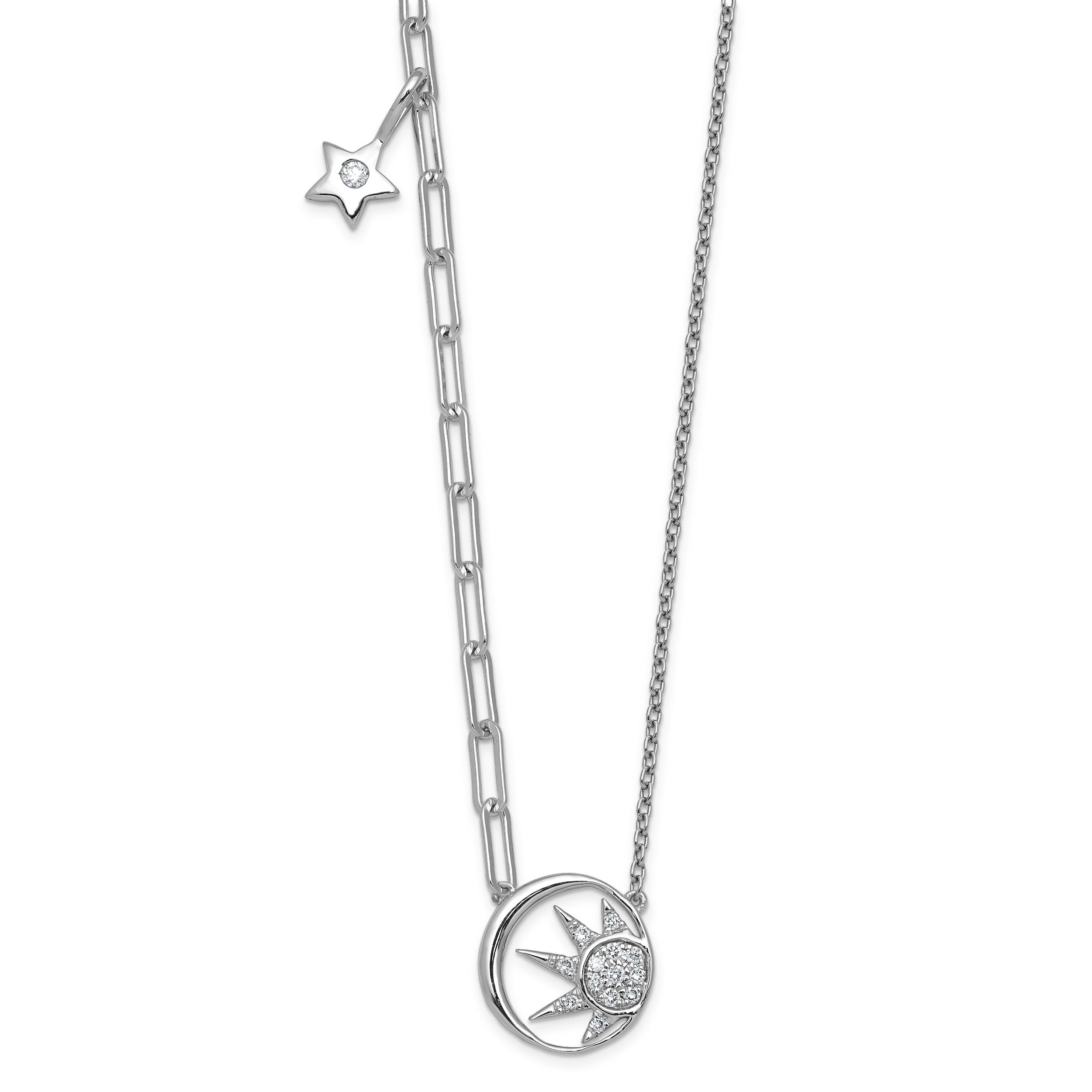 0.10 Ct Round White Lab Grown Diamond Prong 14K White Gold Sun & Star Paperclip Cable Chain Necklace