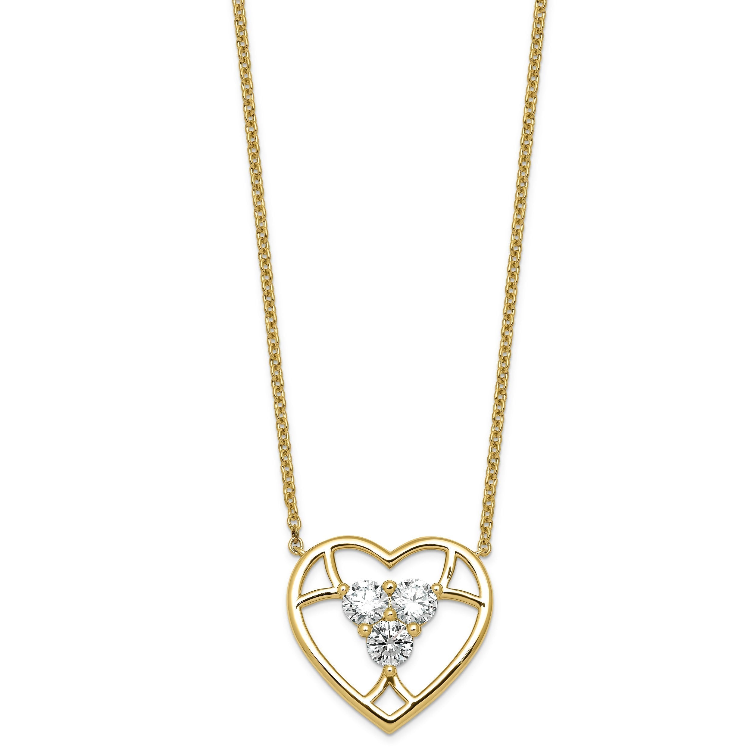 1 Ct Round White Lab Diamond Prong 14k Yellow Gold Three stone Heart Necklace