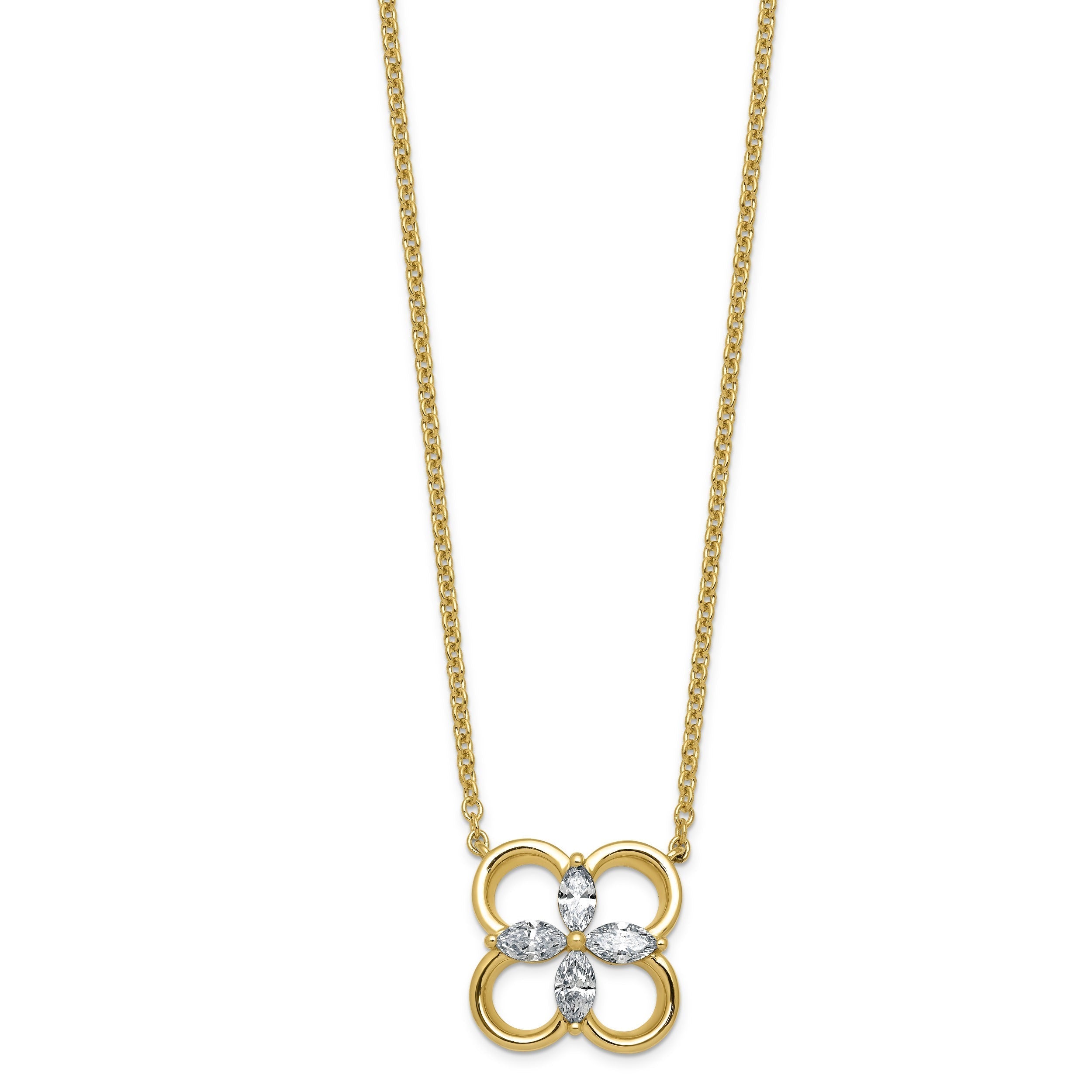 Marquise White Lab Diamond Prong 14k Gold Open Loop Four Petal Floral Pendant Necklace