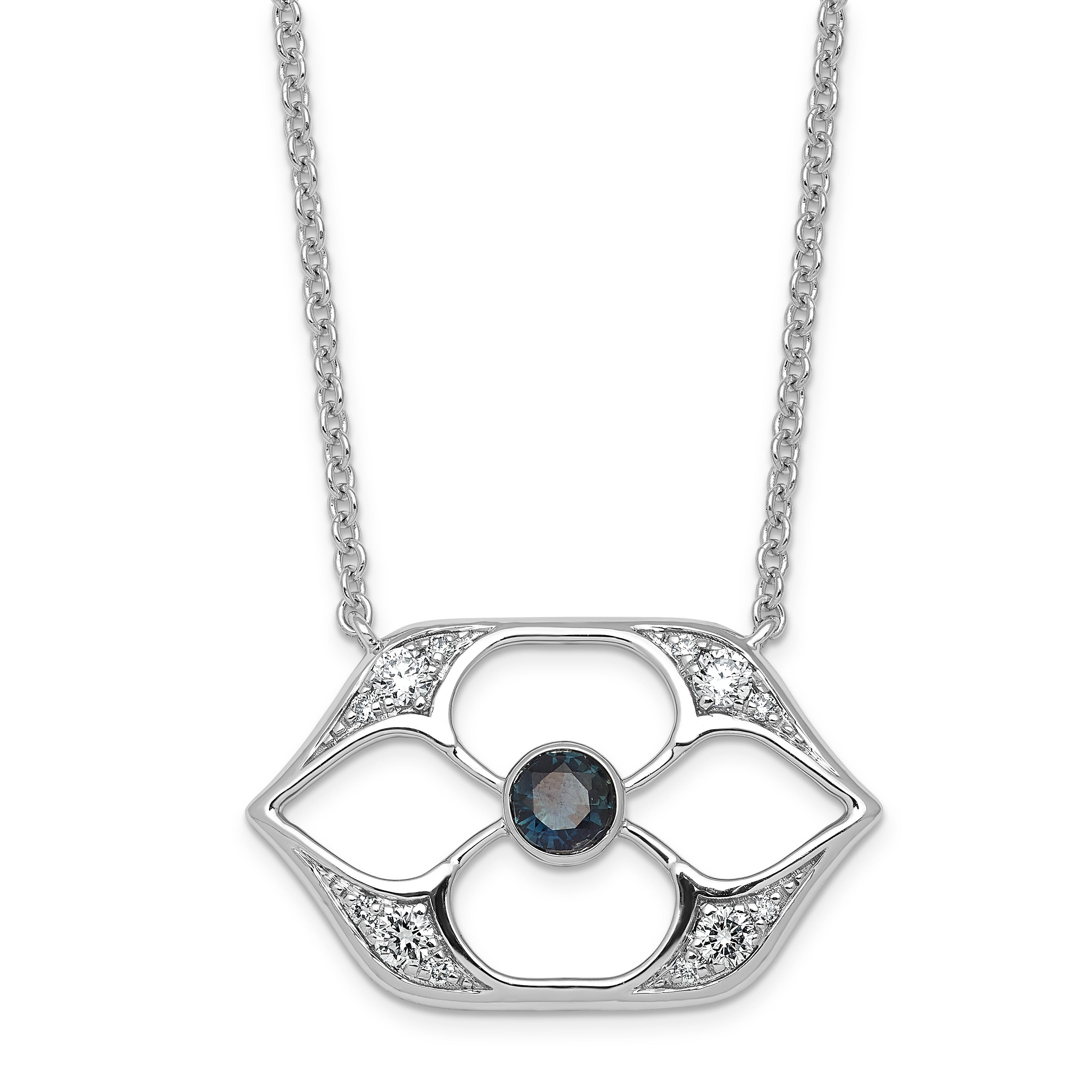 0.26 CT Lab Diamond & Sapphire Pave 14k White Gold Filigree Openwork Flower Pendant Necklace