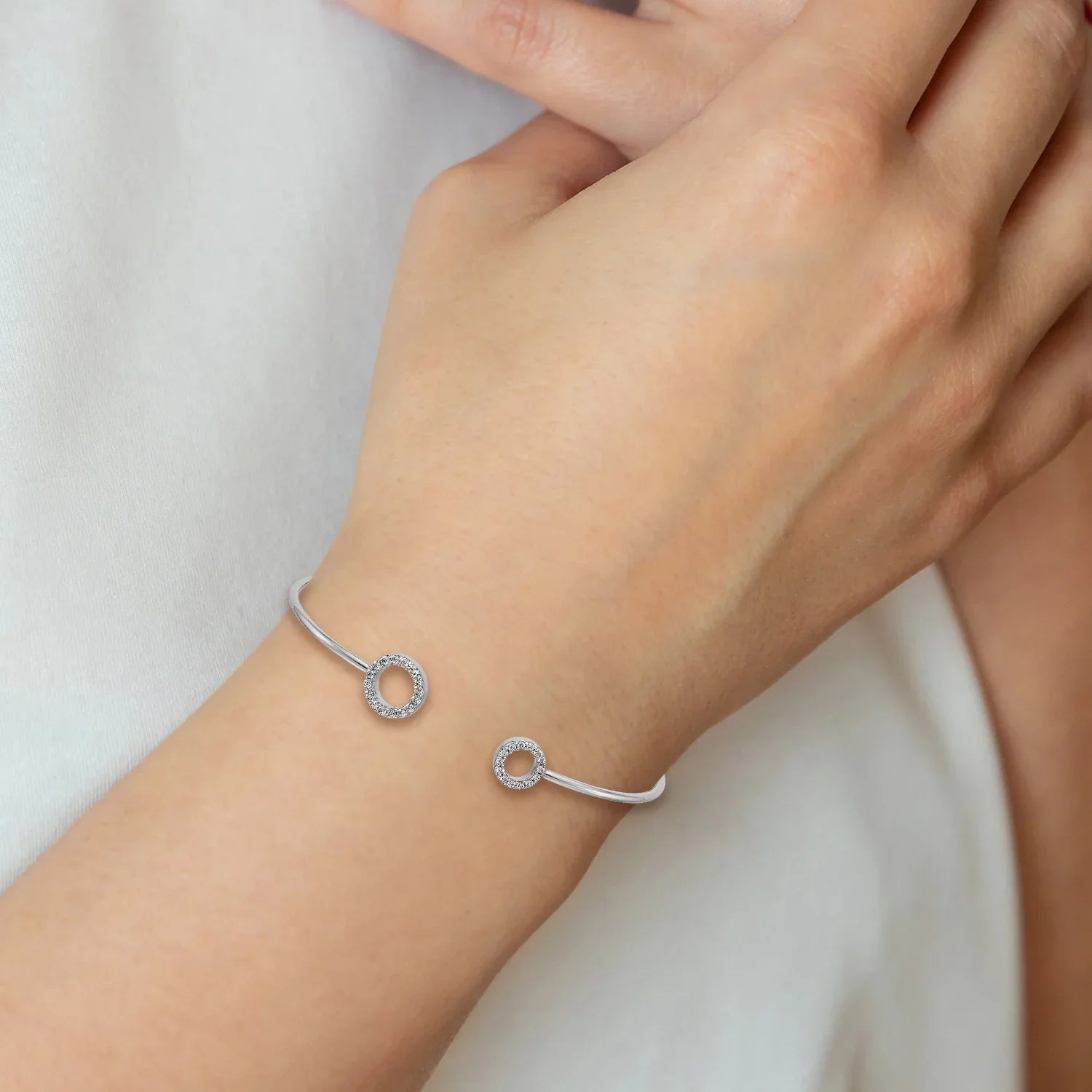 14k White Gold Lab Diamond Circle Flexible Cuff Bangle Bracelet - Fine Diamond