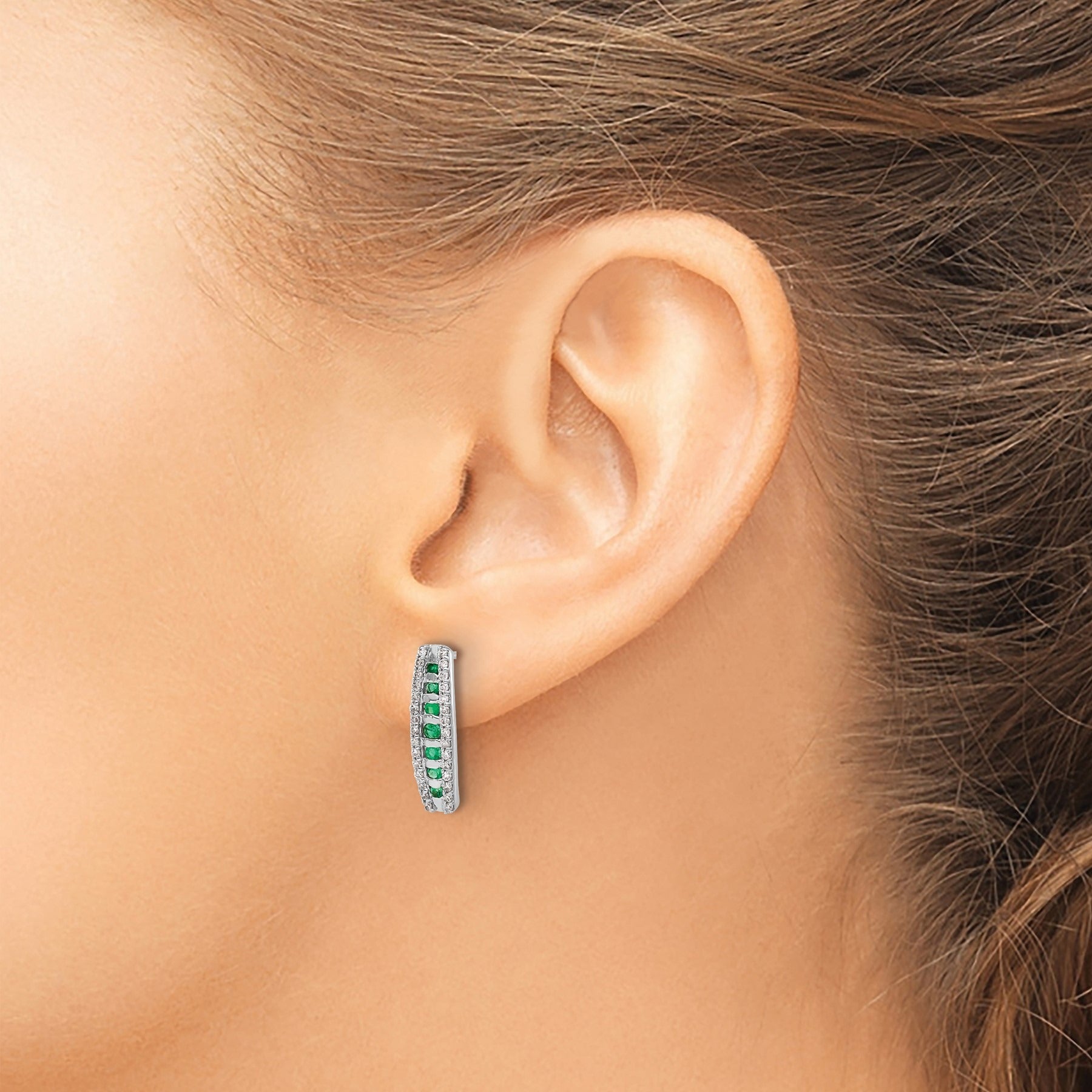 14k White Gold Lab Grown Diamond and Created Emerald Stud Earrings