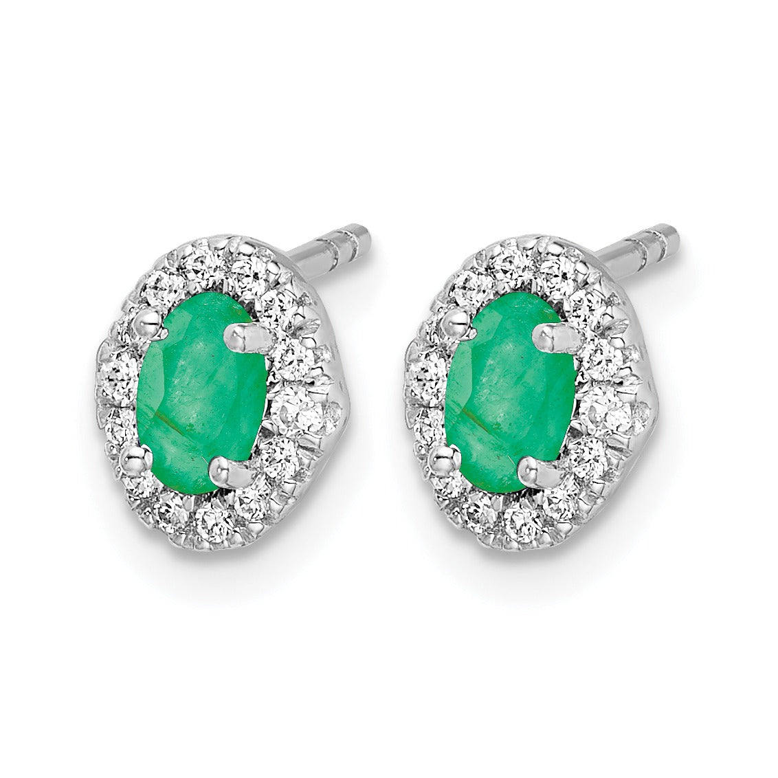 14K White Gold Lab Grown Diamond Oval Emerald Halo Post Earrings