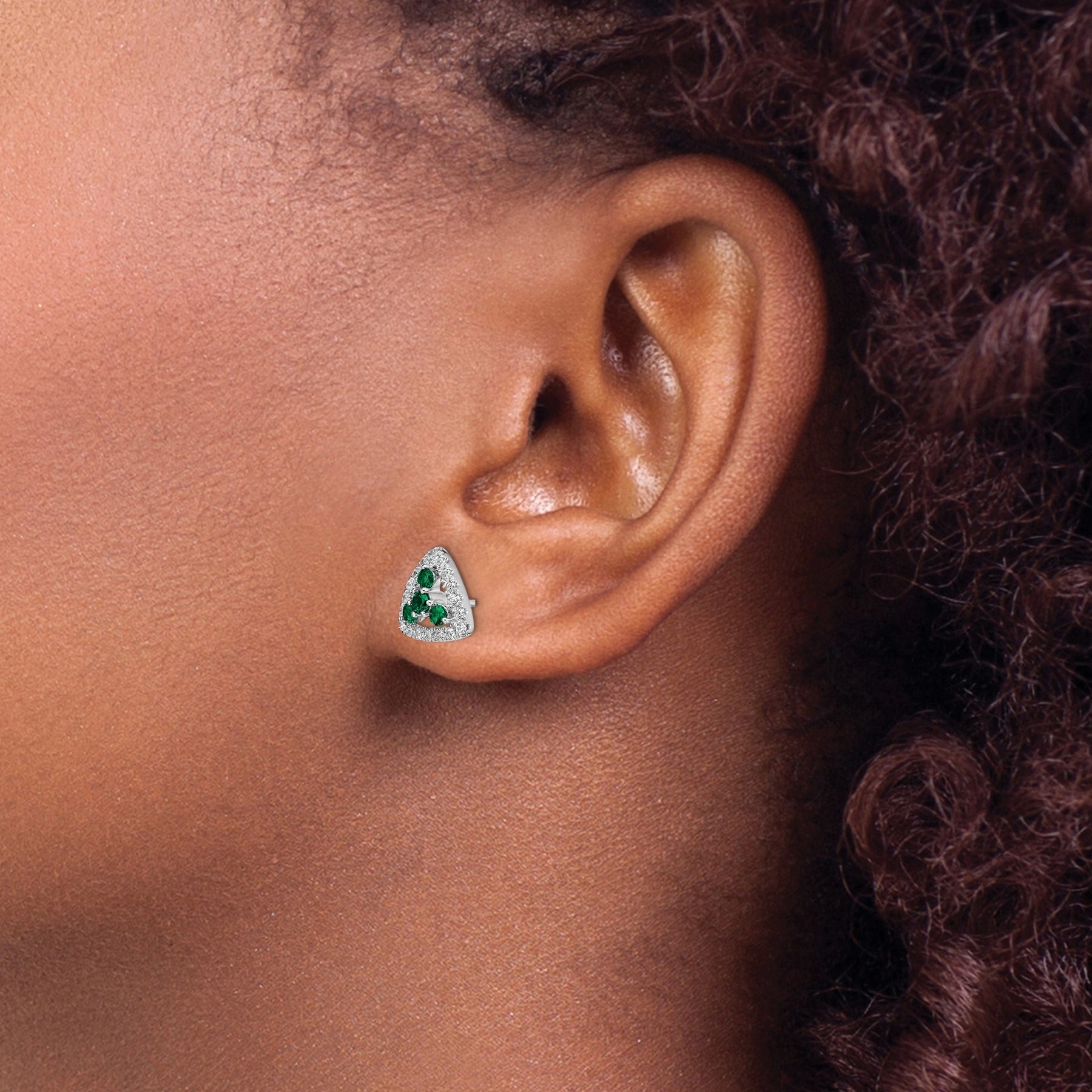 14k Gold Lab Grown Diamond and Created Emerald Triangle Stud Earrings