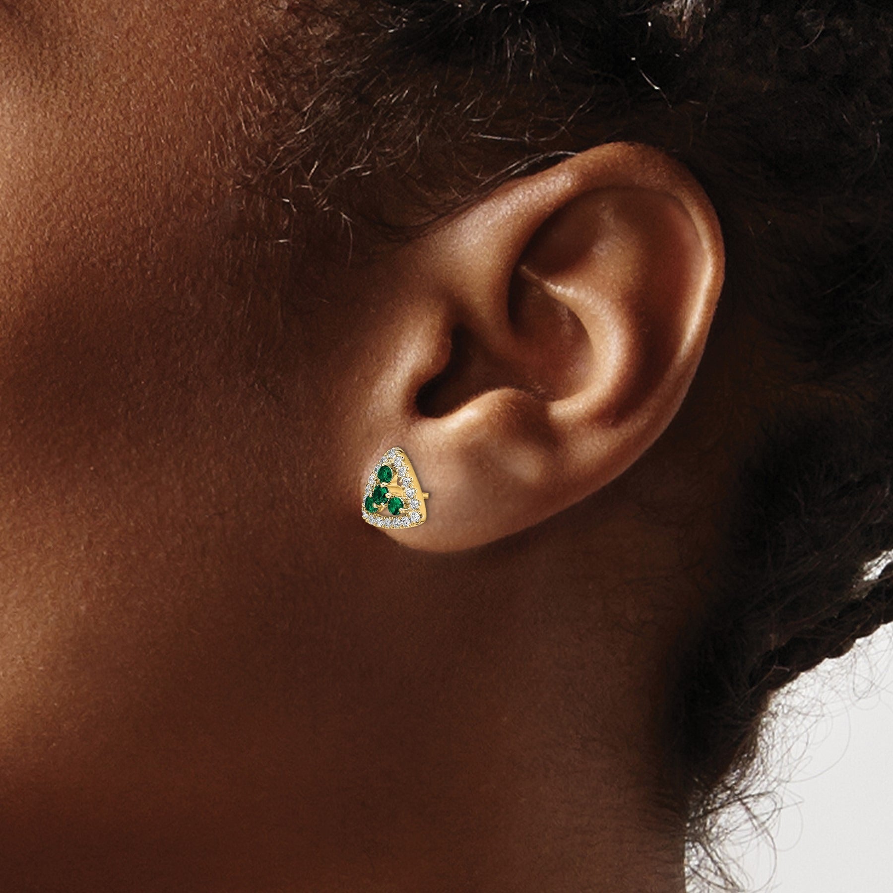 14k Gold Lab Grown Diamond and Created Emerald Triangle Stud Earrings