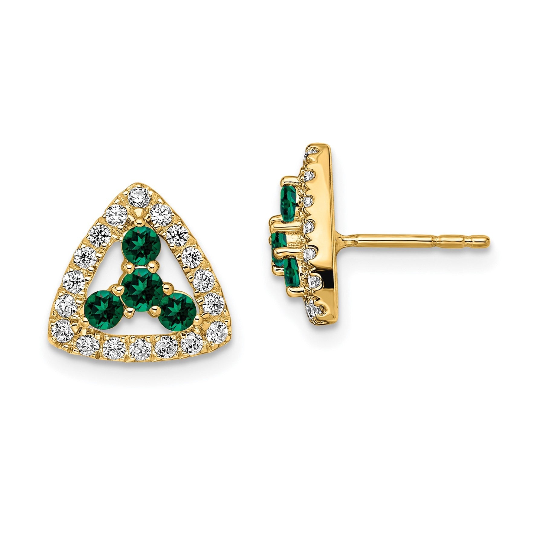 14k Gold Lab Grown Diamond and Created Emerald Triangle Stud Earrings